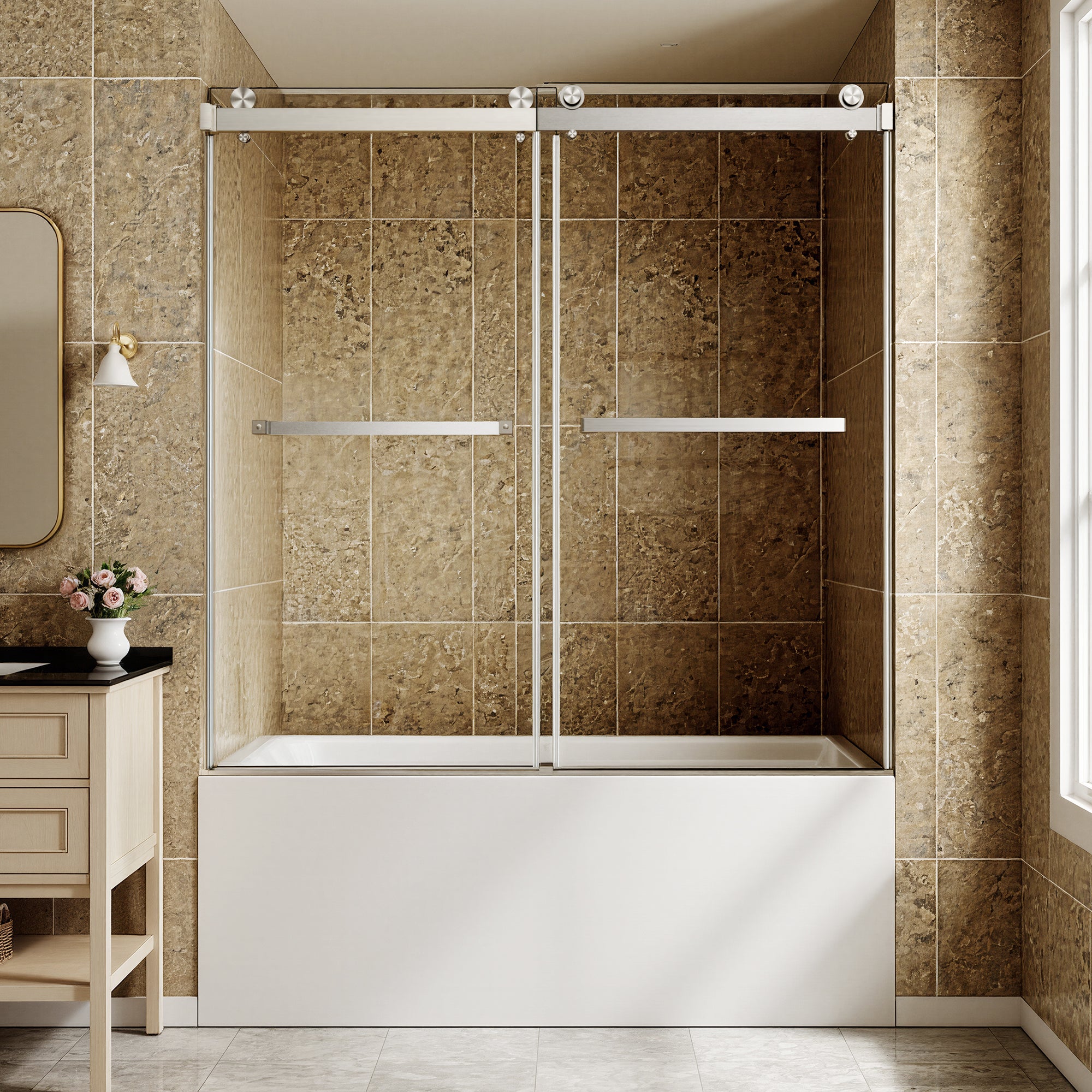 60 x 60 in Frameless Double Sliding Tub Door - 60 x 60 in / Clear Glass / Brushed Nickel view 1