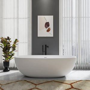 71 inch solid surface freestanding soaking bathtub, white, full side view