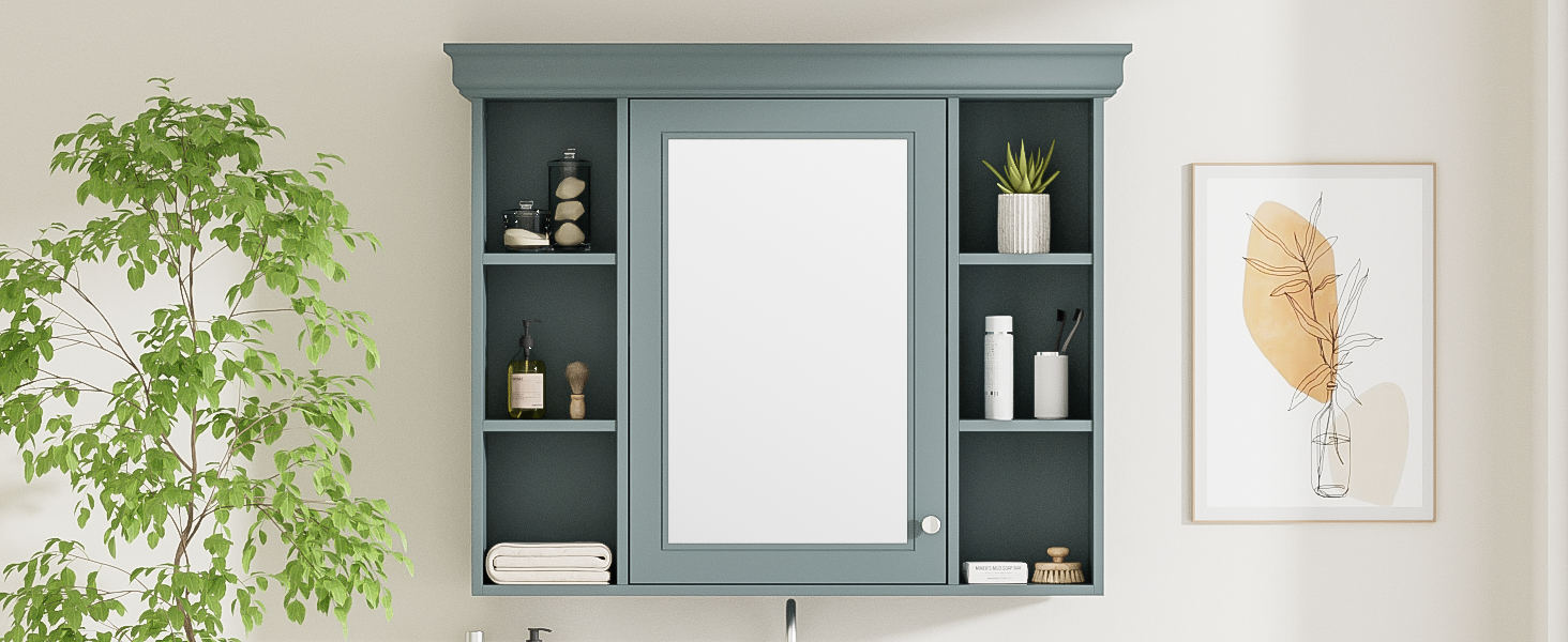 35'' x 28'' Blue Wall Mounted Bathroom Storage Cabinet with Mirror Door, Modern Bathroom Wall Cabinet with Mirror, Medicine Cabinet with 6 Open Shelves