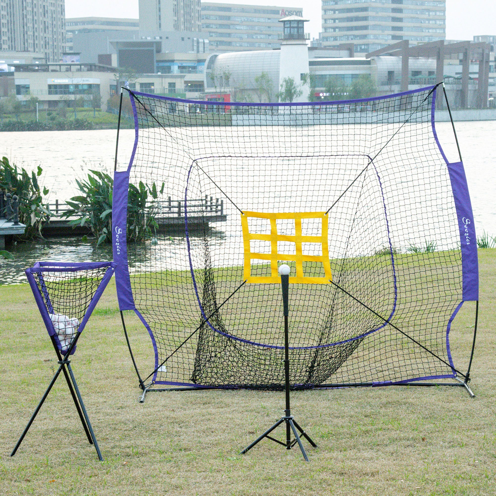 Soozier Baseball Practice Net Set with 7.5x7ft Catcher Net, Ball Caddy and Batting Tee, Portable Baseball Practice Equipment with Carry Bag for Hitting, Pitching, Batting, Catching, Purple