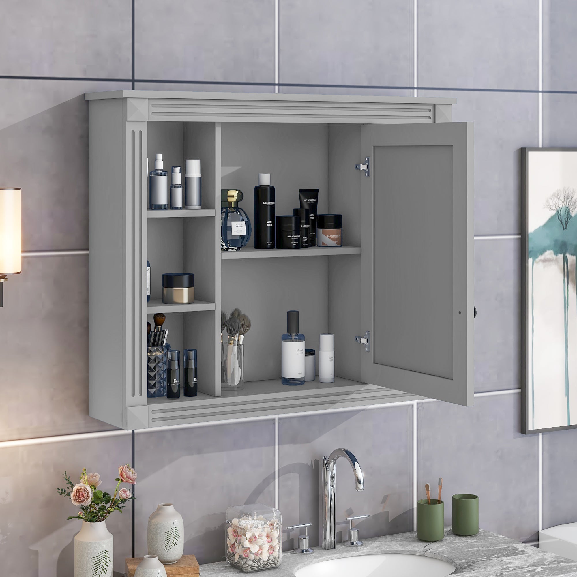 Wall mounted mirror cabinet with 6 open shelves for bathroom storage, side view