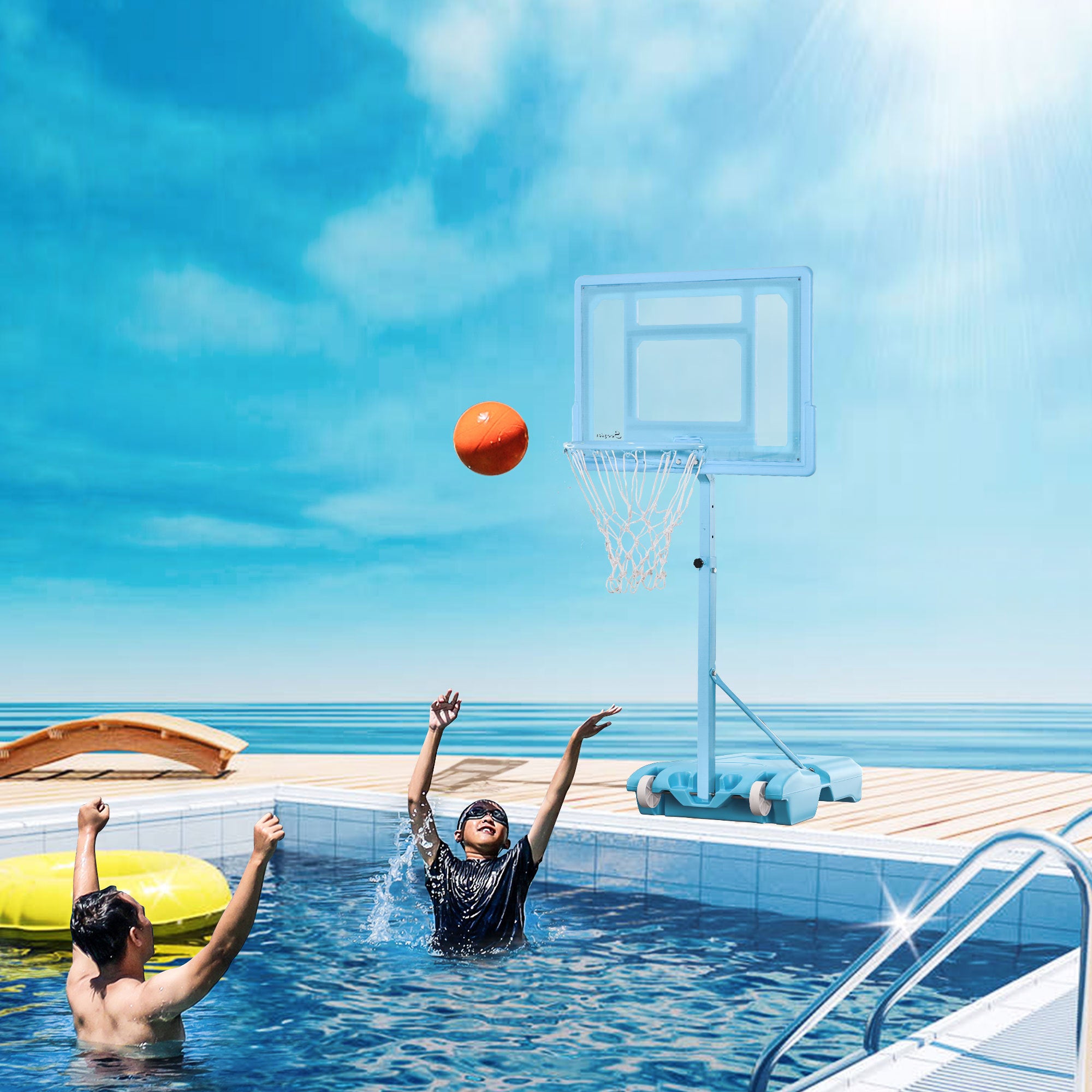 Soozier Poolside Basketball Hoop Stand, 36.5"-48.5" Height Adjustable Portable Hoop System w/ Clear Backboard & Fillable Base for Whole Family, Blue, White