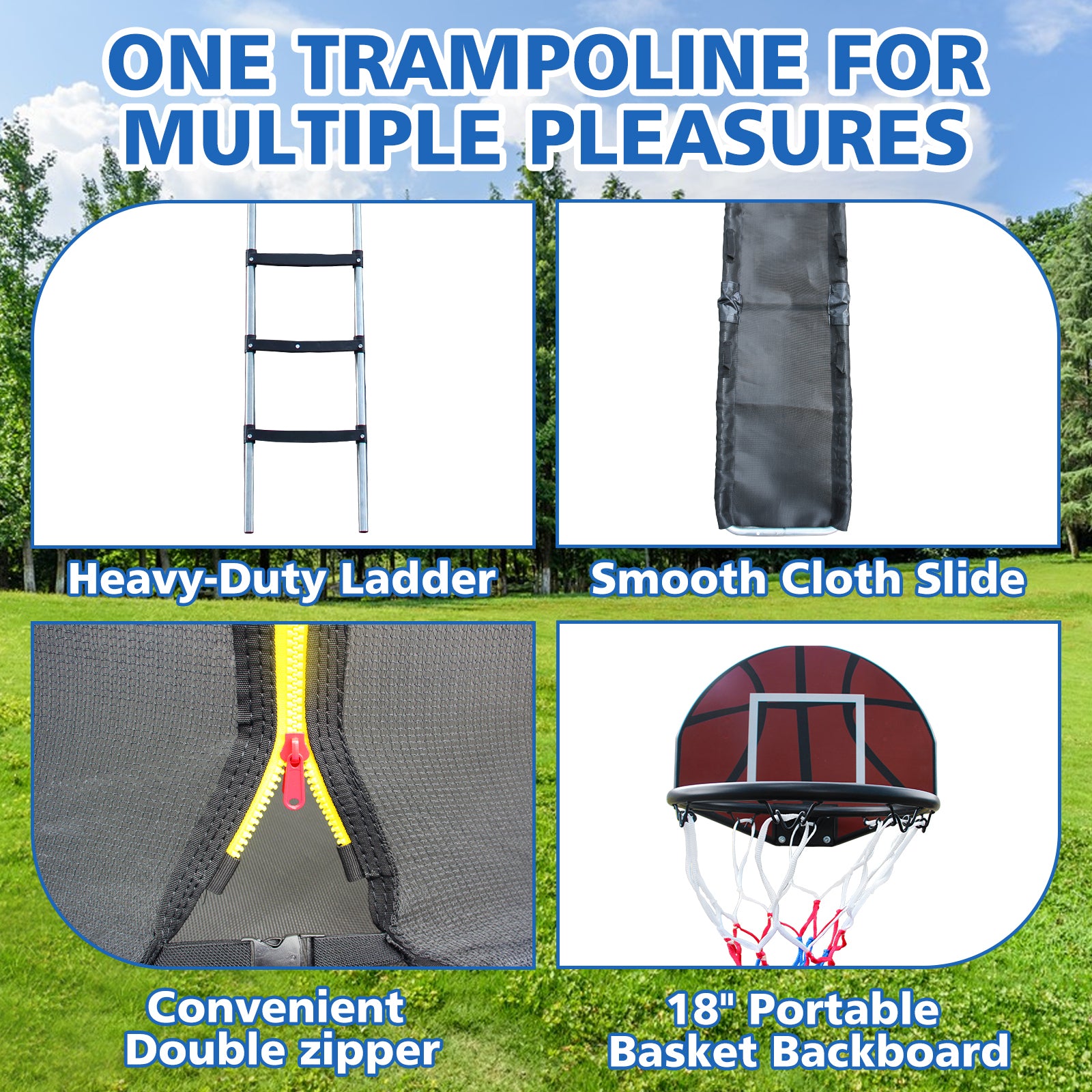 8FT Trampoline with Enclosure - Recreational Trampolines with Ladder and Anti Rust Coating, Pumpkin-shaped Trampoline with Slide and Basket Board, ASTM Approval Outdoor Trampoline for Kids