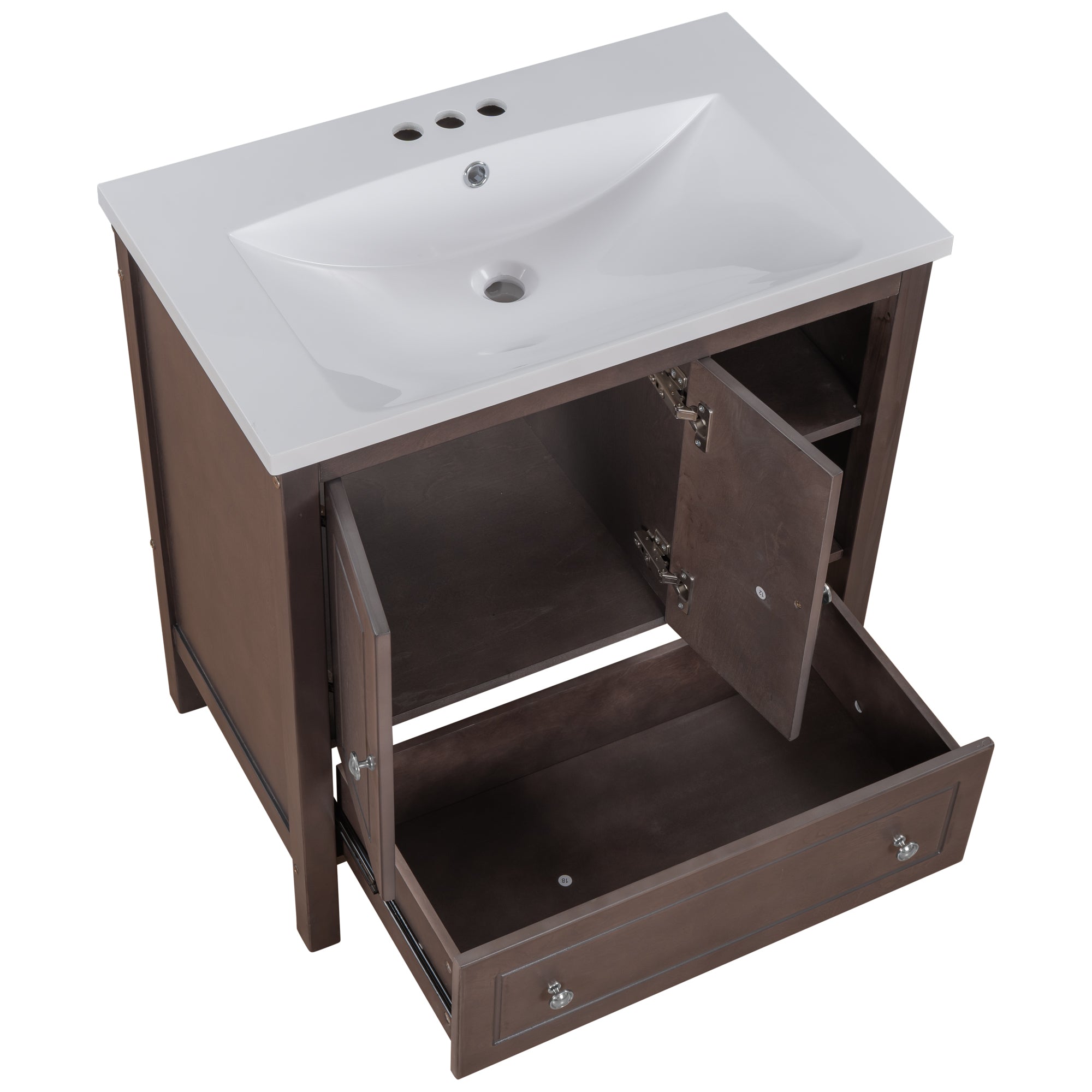 [VIDEO] 30" Bathroom Vanity with Sink, Bathroom Storage Cabinet with Doors and Drawers, Solid Wood Frame, Ceramic Sink, Brown (OLD SKU: JL000002AAD)