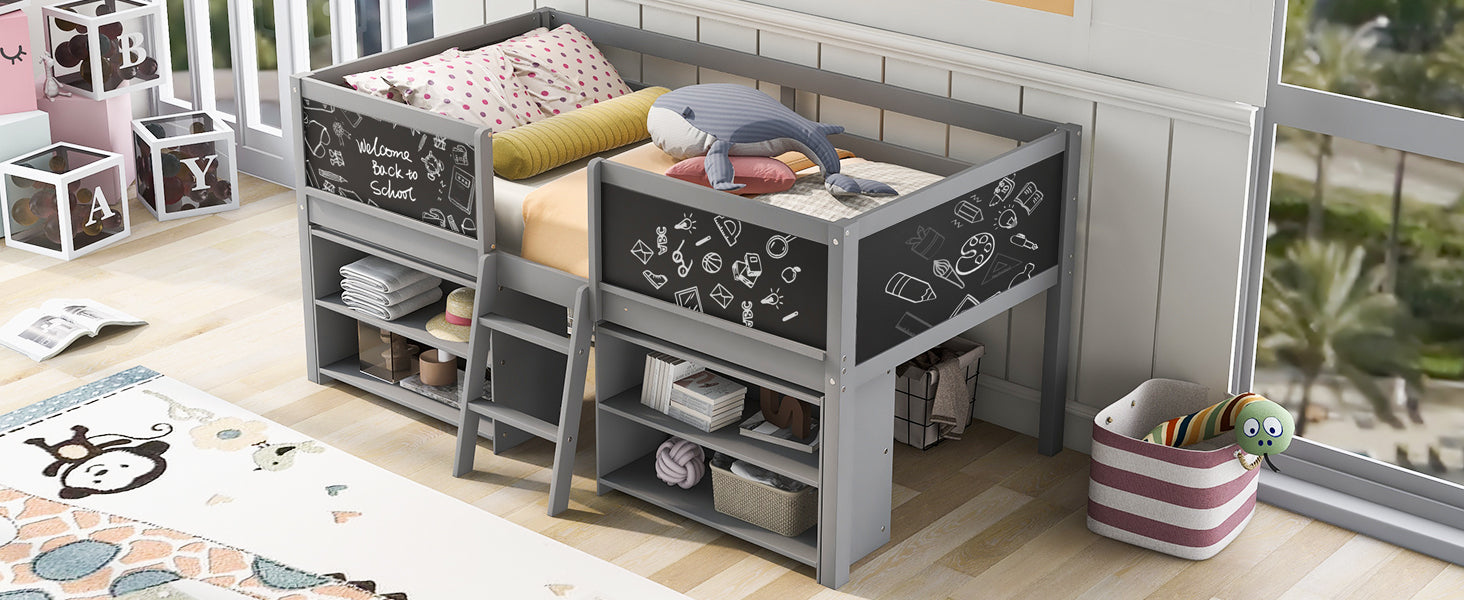 Twin Size Low Loft Bed with Two Movable Shelves and Ladder,with Decorative Guardrail Chalkboard,Gray(Old SKU: WF283286AAE)