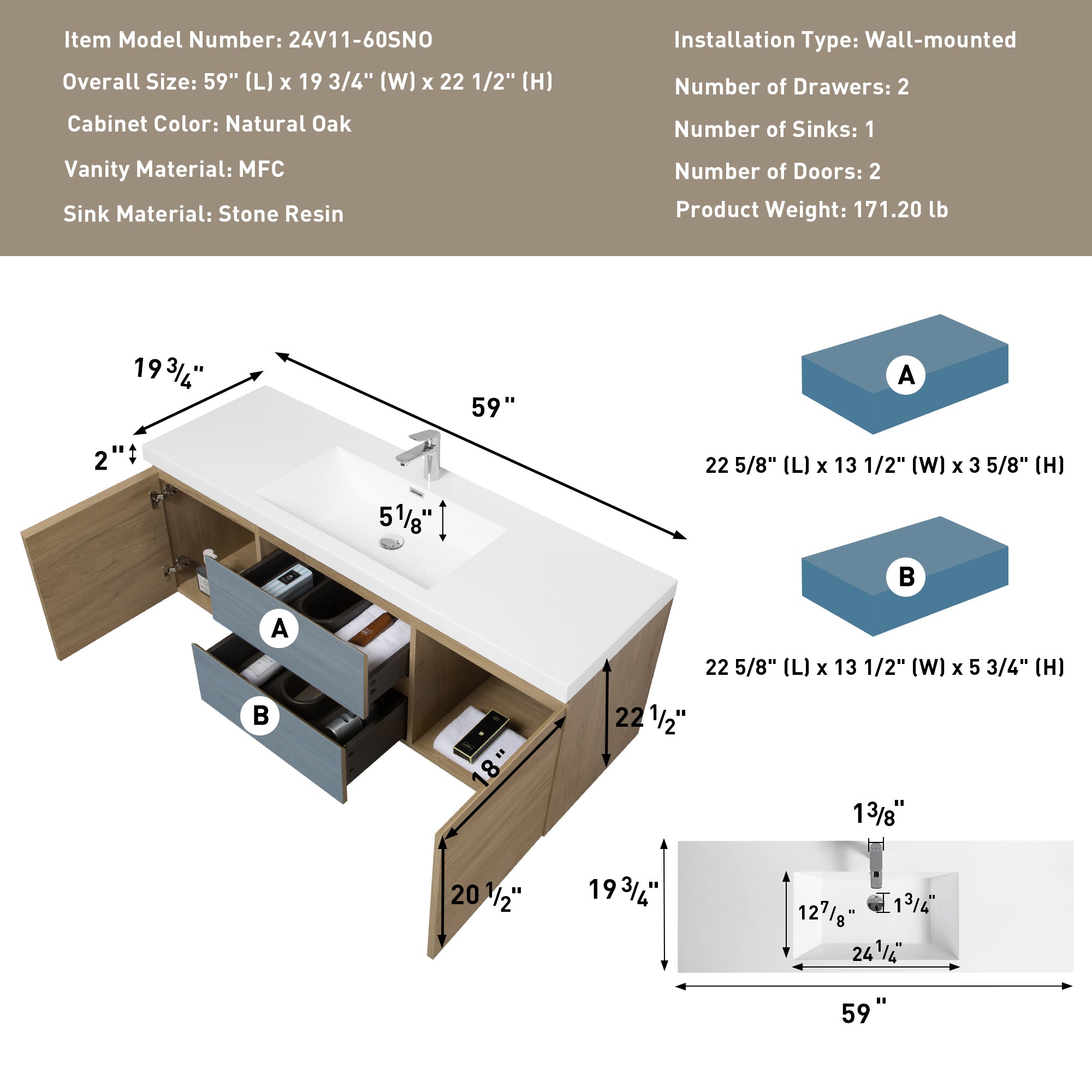 60" Floating Bathroom Vanity with Sink, Modern Wall-Mounted Bathroom Storage Vanity Cabinet with Resin Top Basin and Soft Close Drawers, Natural Oak 24V11-60SNO