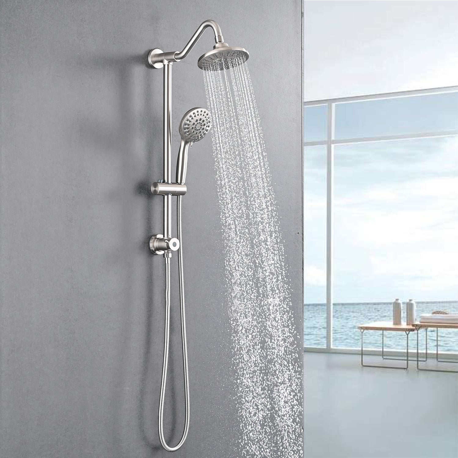 Brushed Nickel 6 Inch Rain Shower Head with Handheld Shower Head Bathroom Rain Shower System