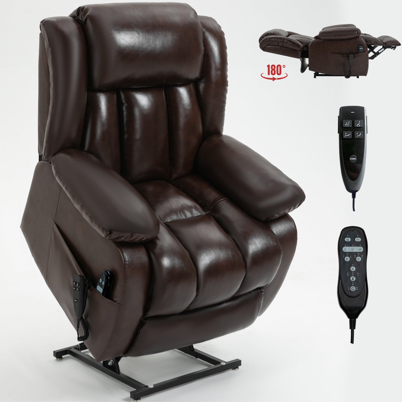 Dual Motor Infinite Position Up to 350 LBS Electric Medium size Genuine Leather Brown Power Lift Recliner Chair with 8-Point Vibration Massage and Lumbar Heating