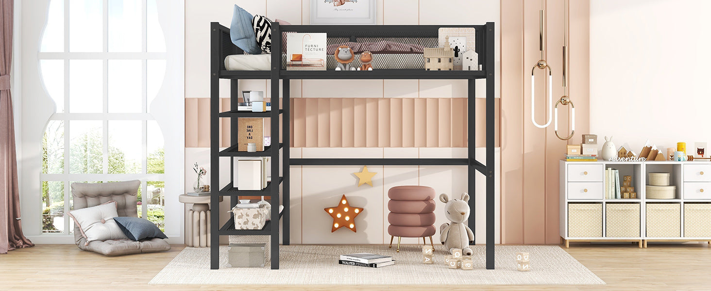 Twin Size Metal Loft Bed with 4-Tier Shelves and Storage, Black