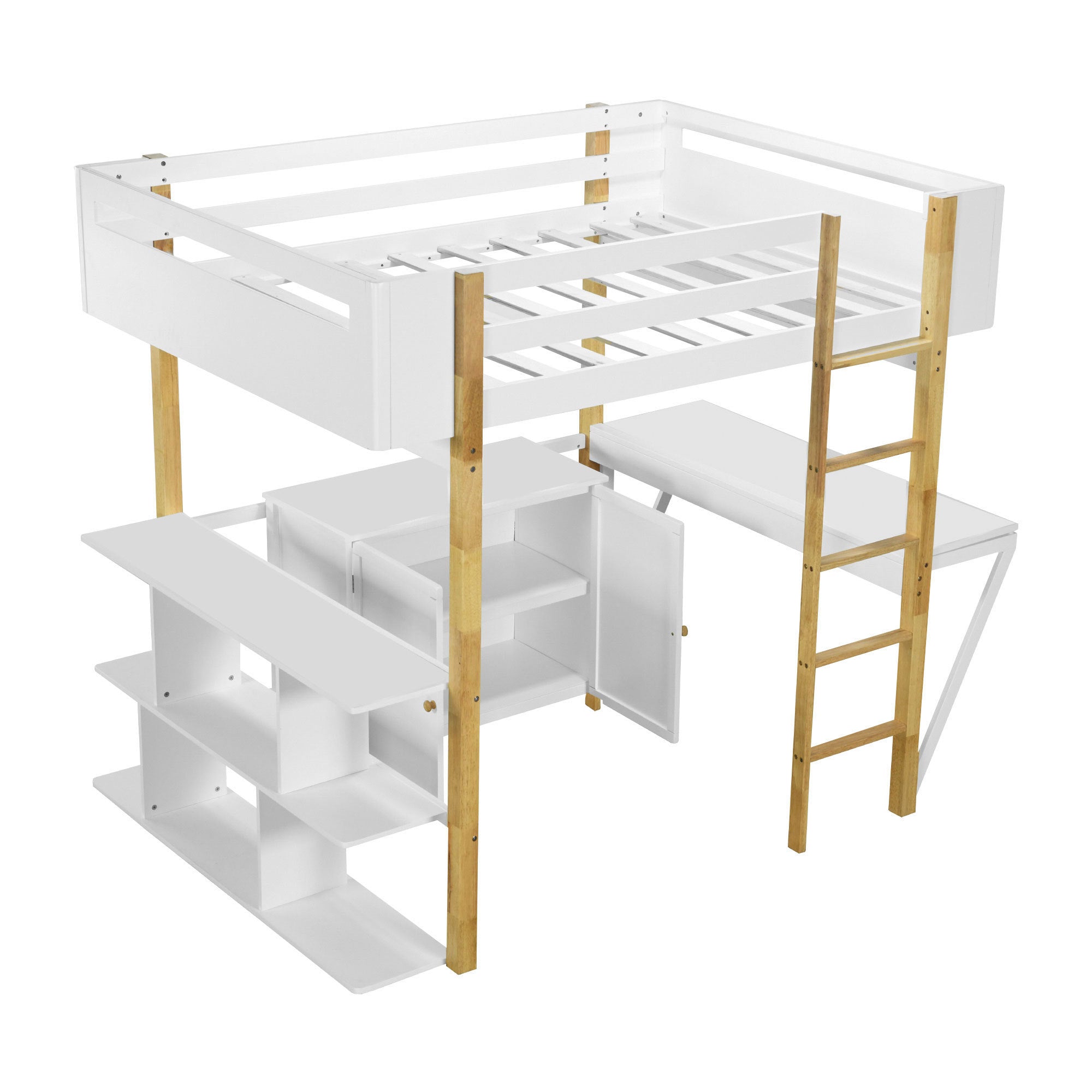 Full Size Wood Loft Bed With Built-in Storage Cabinet and Cubes, Foldable desk, White