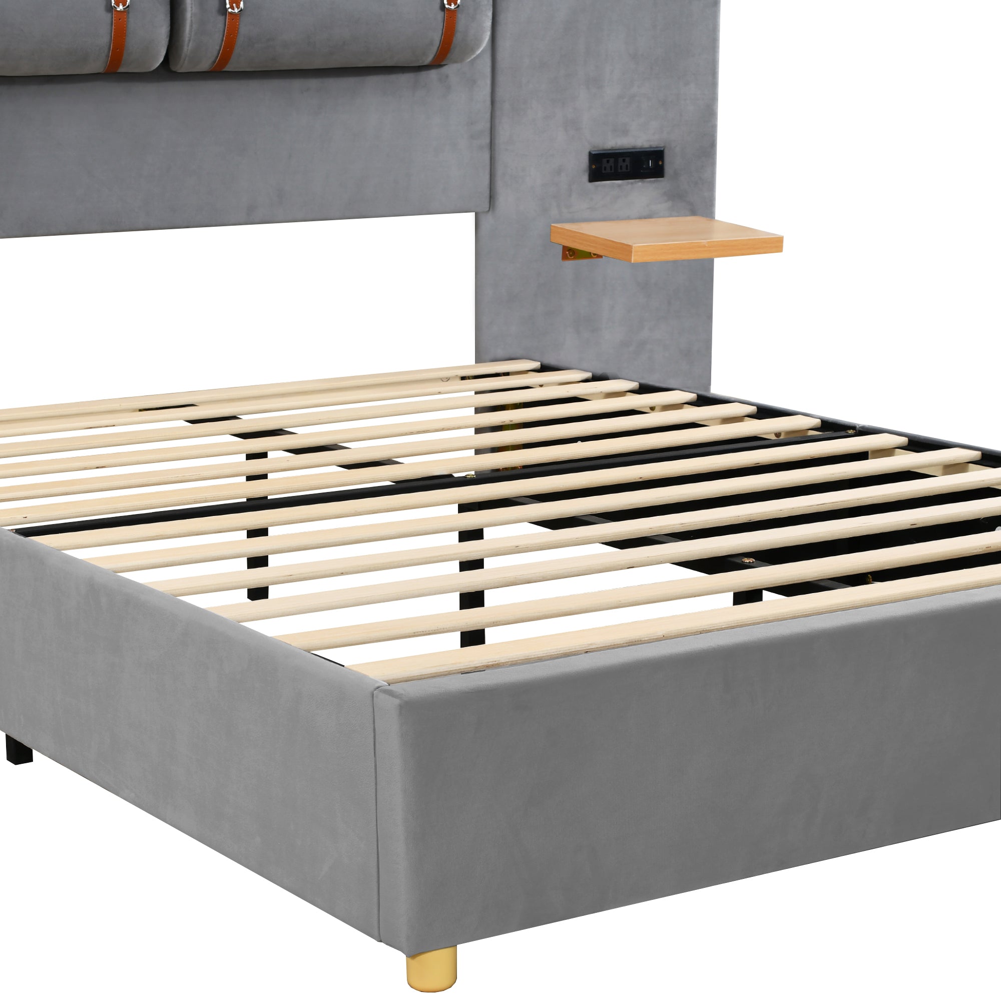 Full size upholstered platform bed with two outlets and USB charging ports on both sides, two bedside pillows, storage shelf, Velvet,Gray