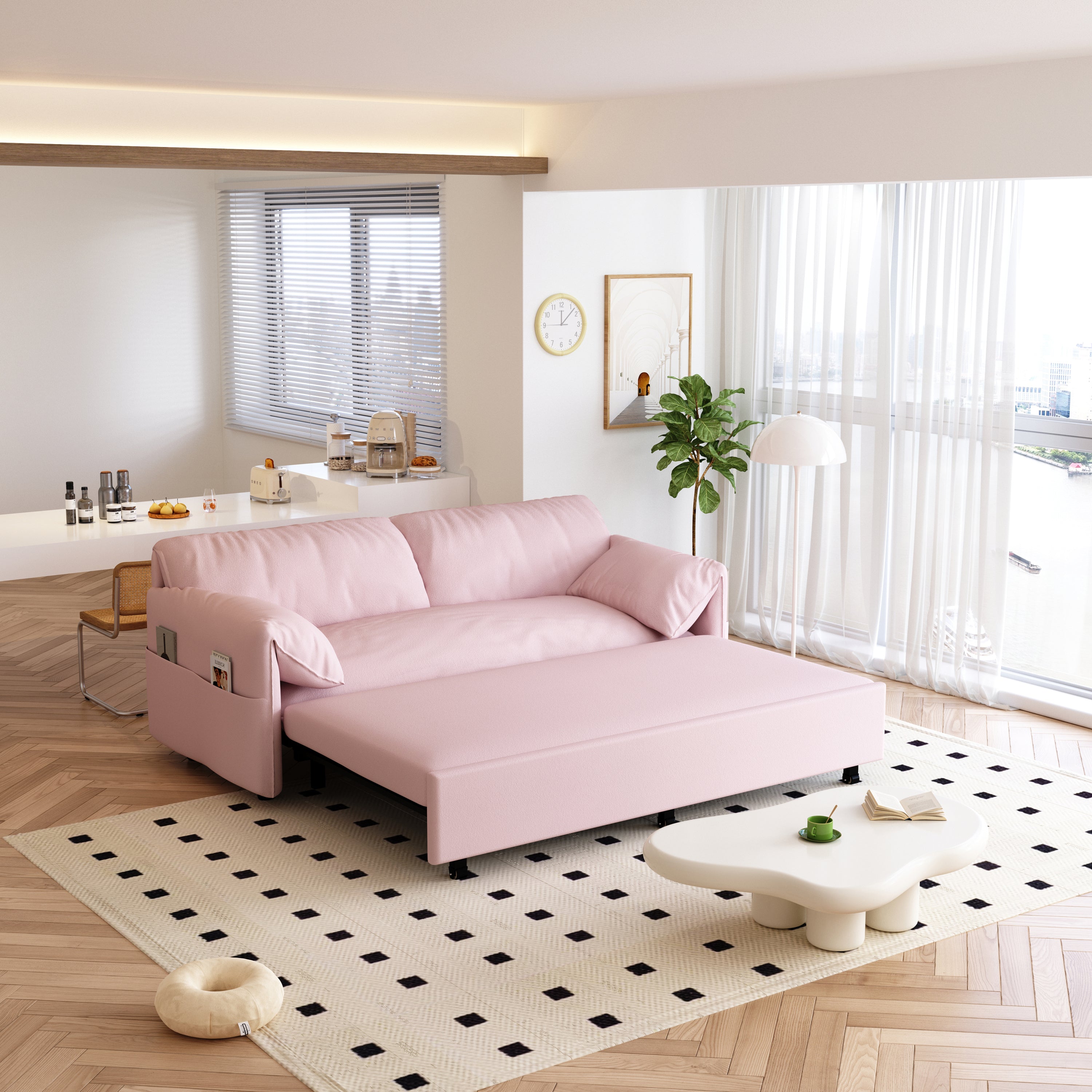 63.8" Queen Pull Out Sofa Bed, 3-in-1 Convertible Sleeper Sofa with Side Storage,Multi-Functional Velvet Loveseat Bed for Living Room,Bedroom,Apartment,Office,Pink