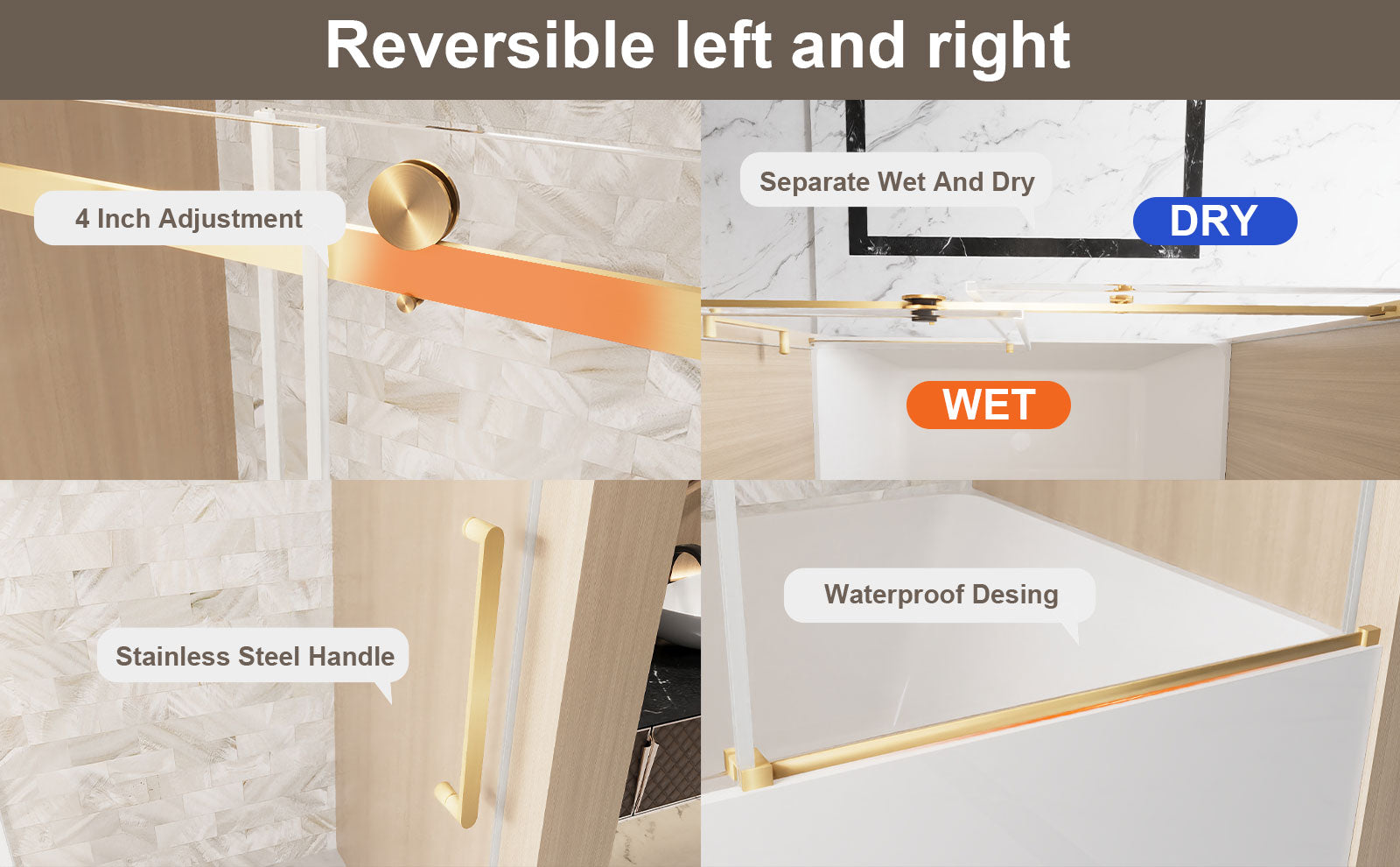 56-60 x 60 in Frameless Single Sliding Square-Tube Tub Door - 56-60 x 60 in / Brushed Gold / Square Tube view 11