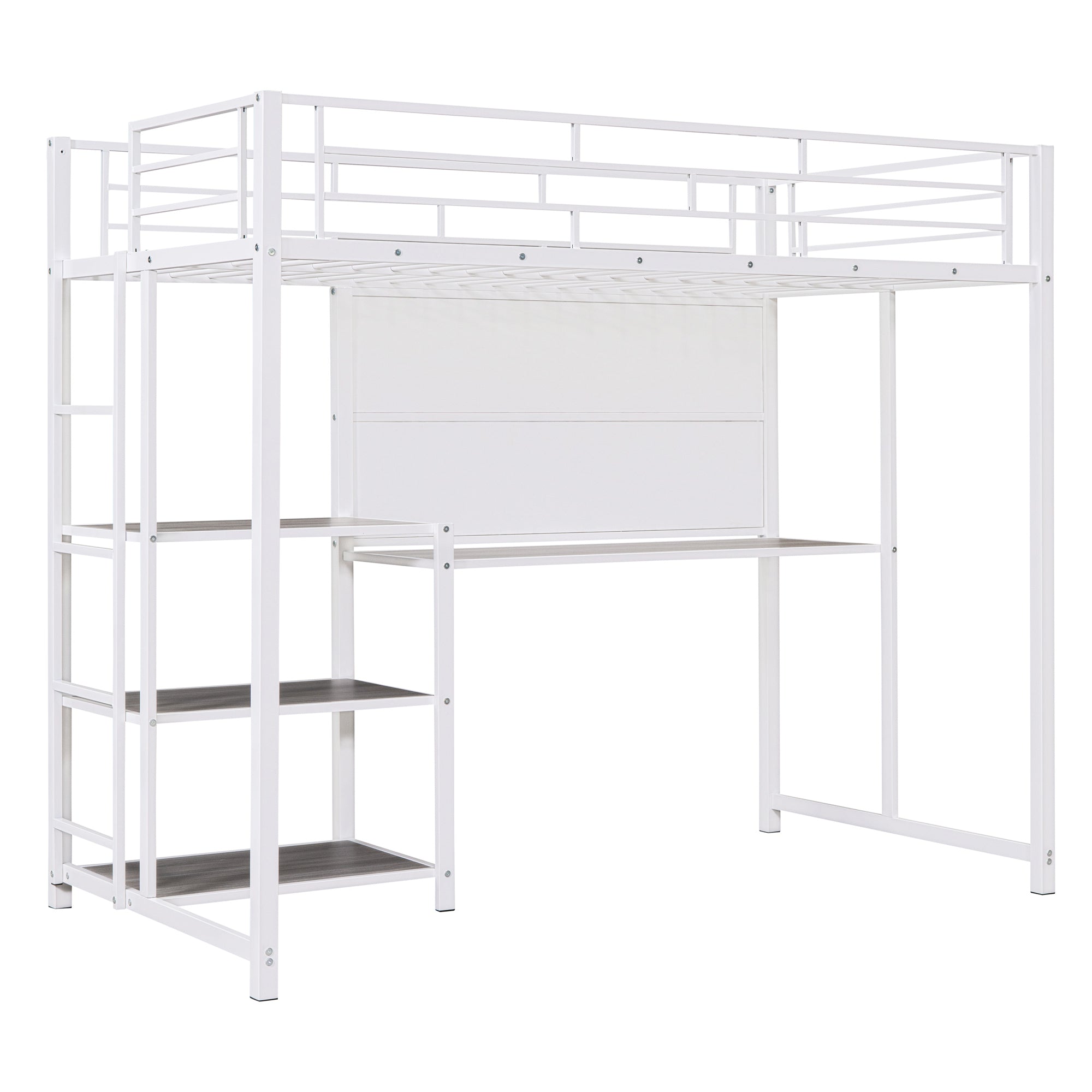 Twin Size Loft Bed with Desk and Whiteboard, Metal Loft Bed with 3 Shelves and Ladder, White