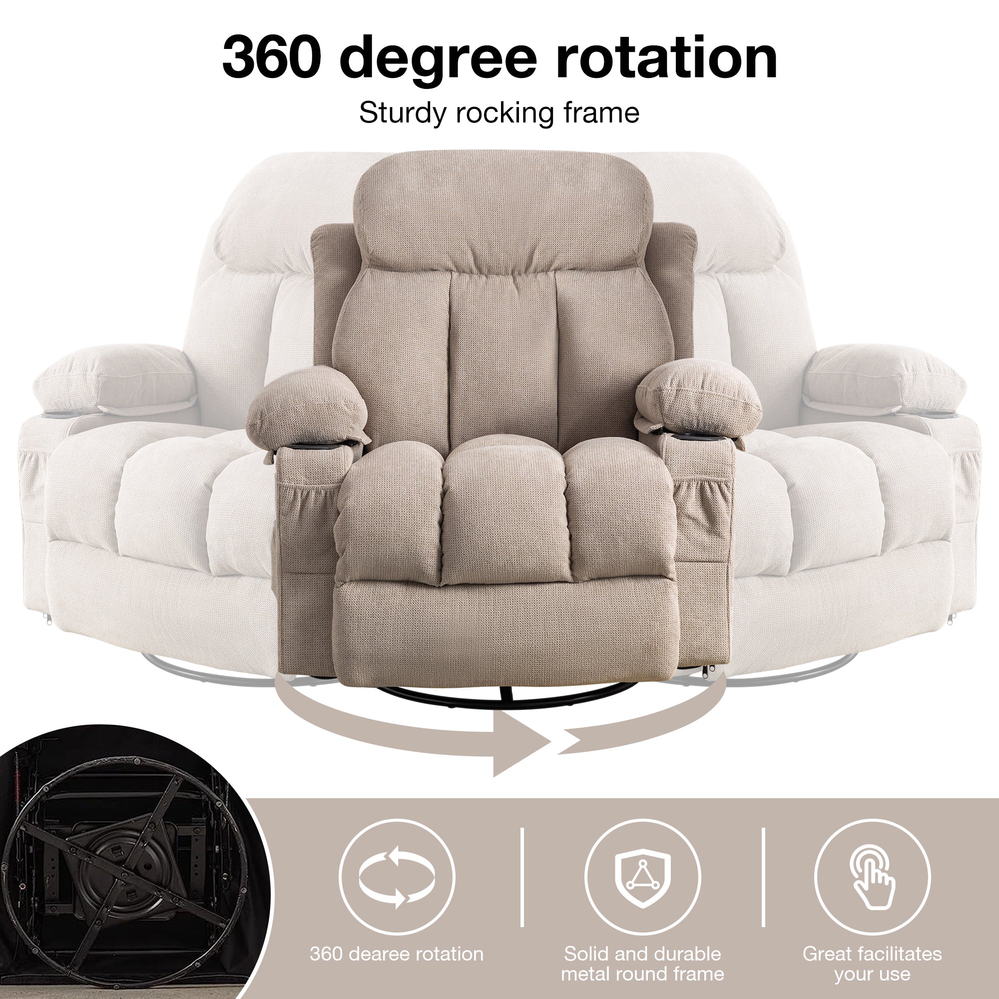 Vanbow.Swinging recliner massage heated sofa, with USB and 2 cup holders in side pockets, PackageA and B (Beige  fabric)