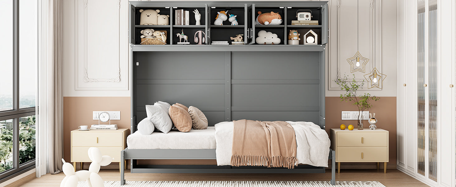 Queen Size Murphy Bed Wall Bed with Top Cabinets,Gray