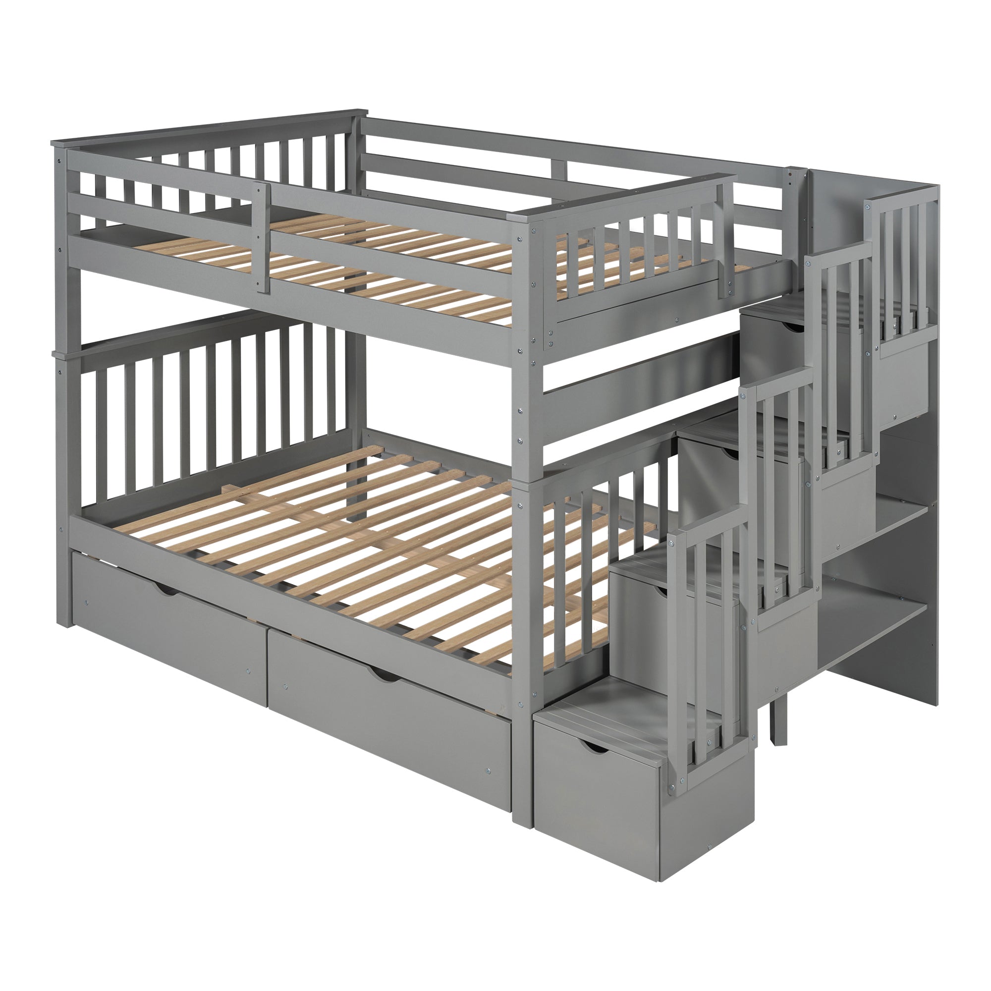 Full Over Full Bunk Bed with Shelves and 6 Storage Drawers, Gray(Old SKU:LP000046AAE)