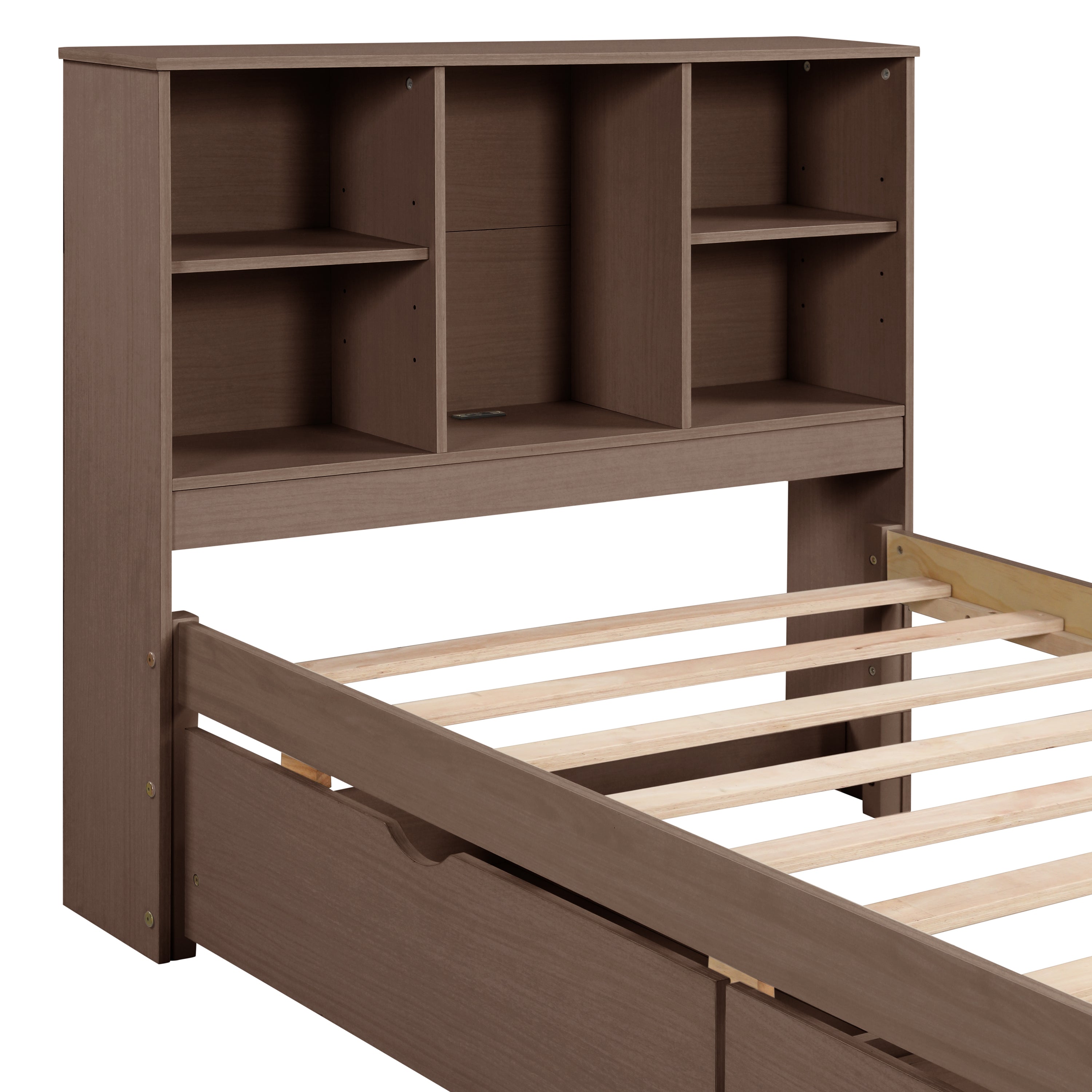 Modern Twin Size Bed Frame With Built-in USB Port on Bookcase Headboard and 2 Drawers for Walnut Color