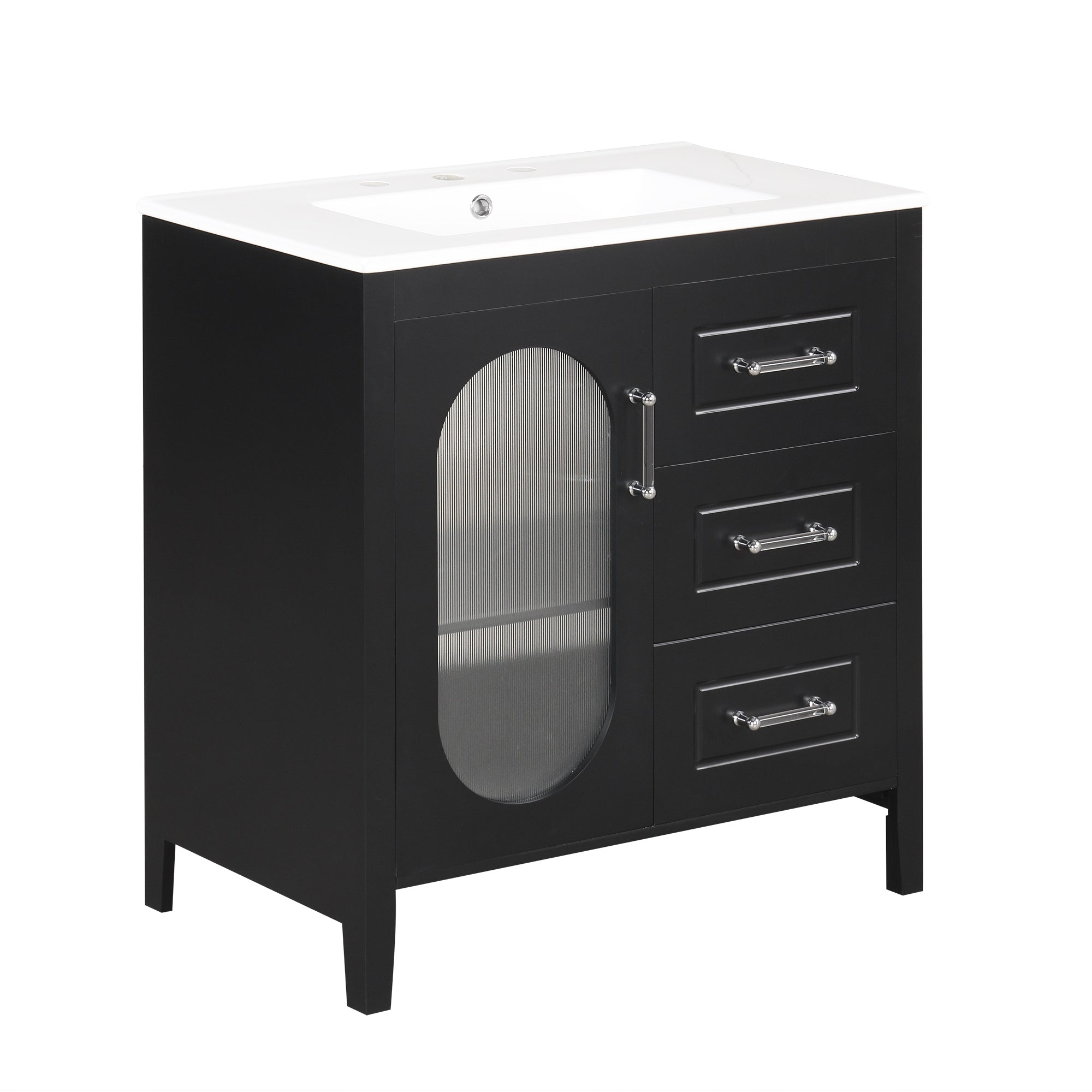 30" Bathroom Vanity with Sink, Bathroom Vanity Cabinet with Two Drawers and Door, Adjustable Shelf, Solid Wood and MDF, Black