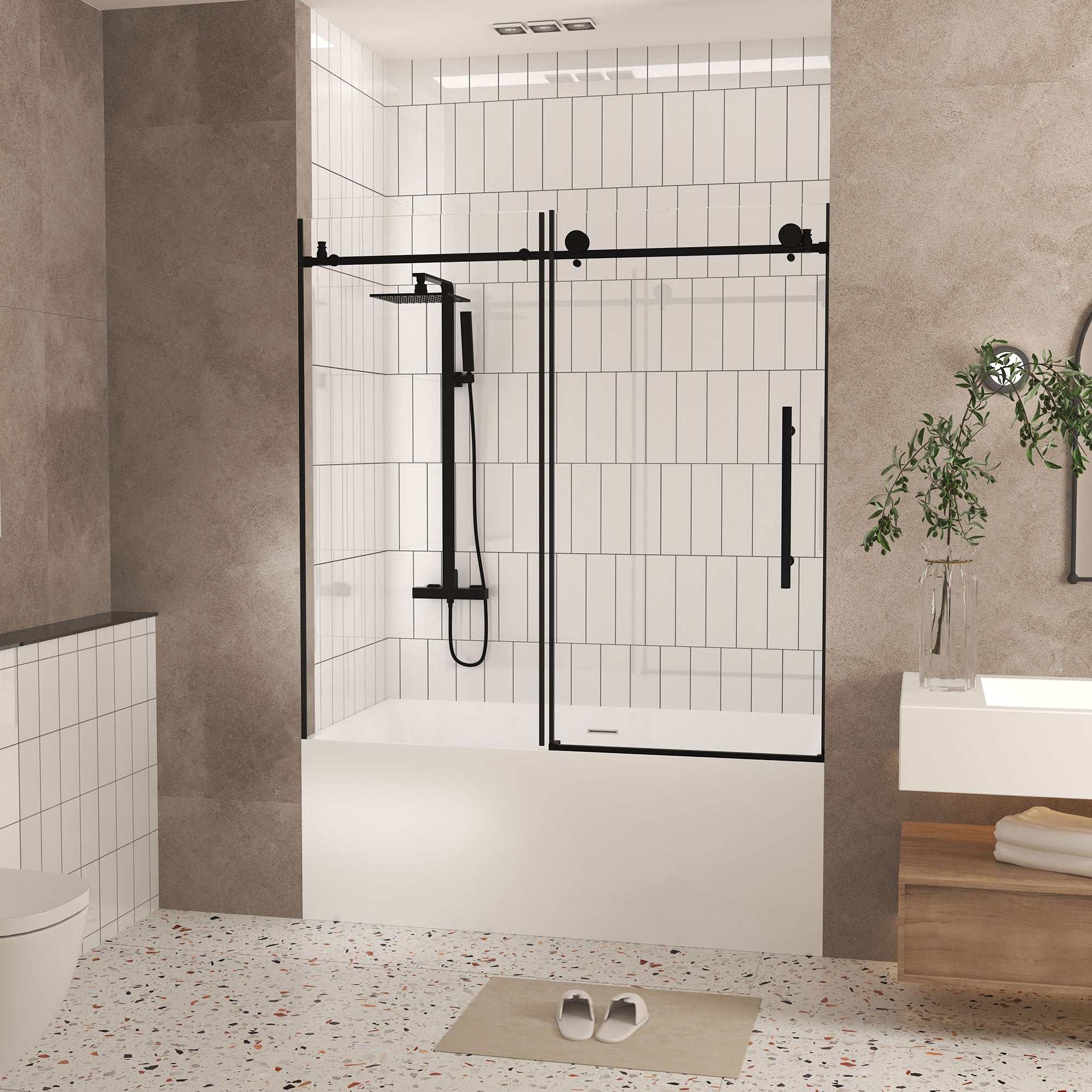 Frameless shower door 56-60 inch matte black angled view