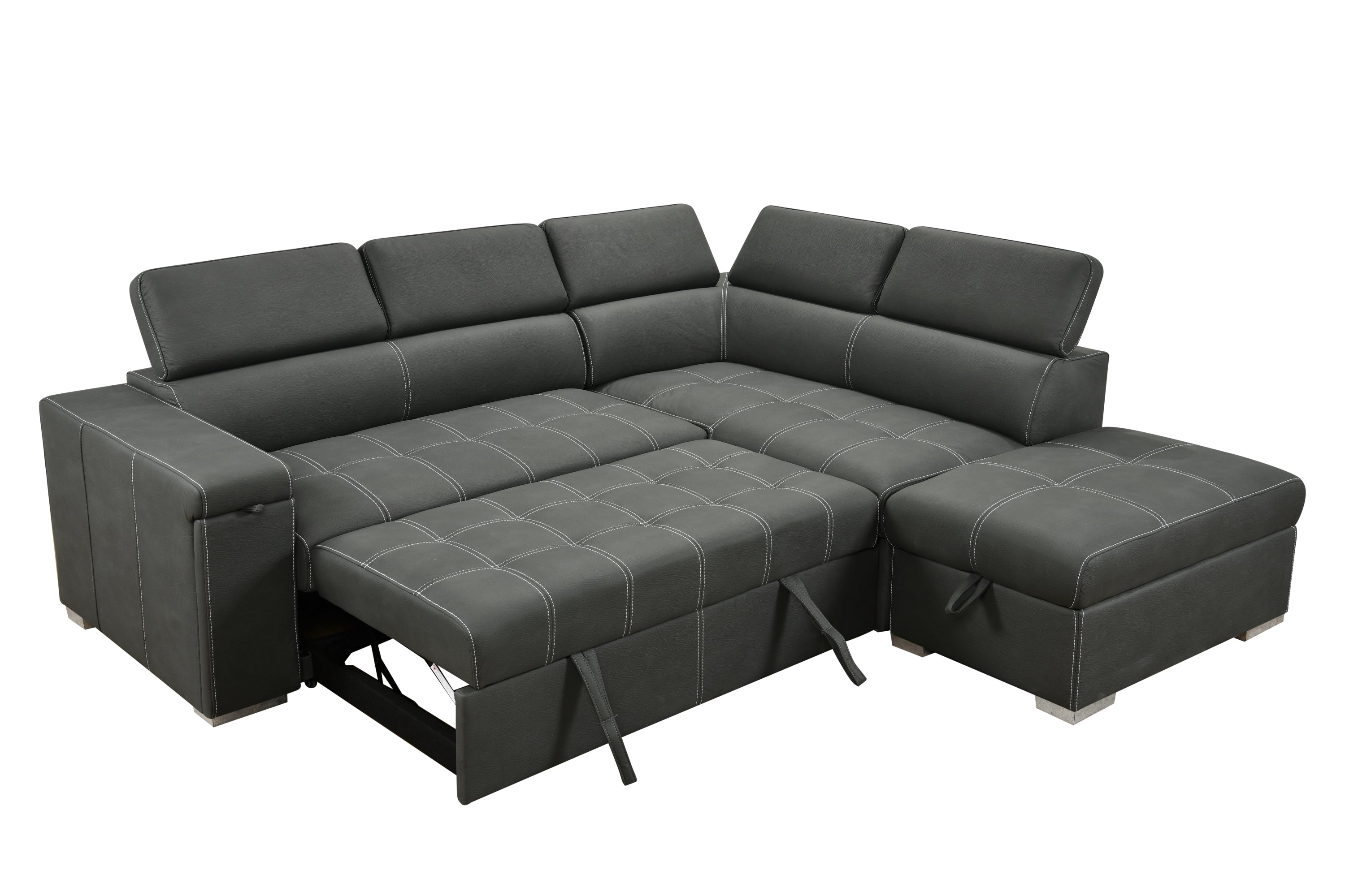 99.5" Modern 2 in 1 Convertible Sofa Bed with Pull-Out Bed and Chaise Lounge with Adjustable Headrest, L Shaped Couches for Living Room Apartment w/Storage Ottoman, and Cup Holder, Dark Grey