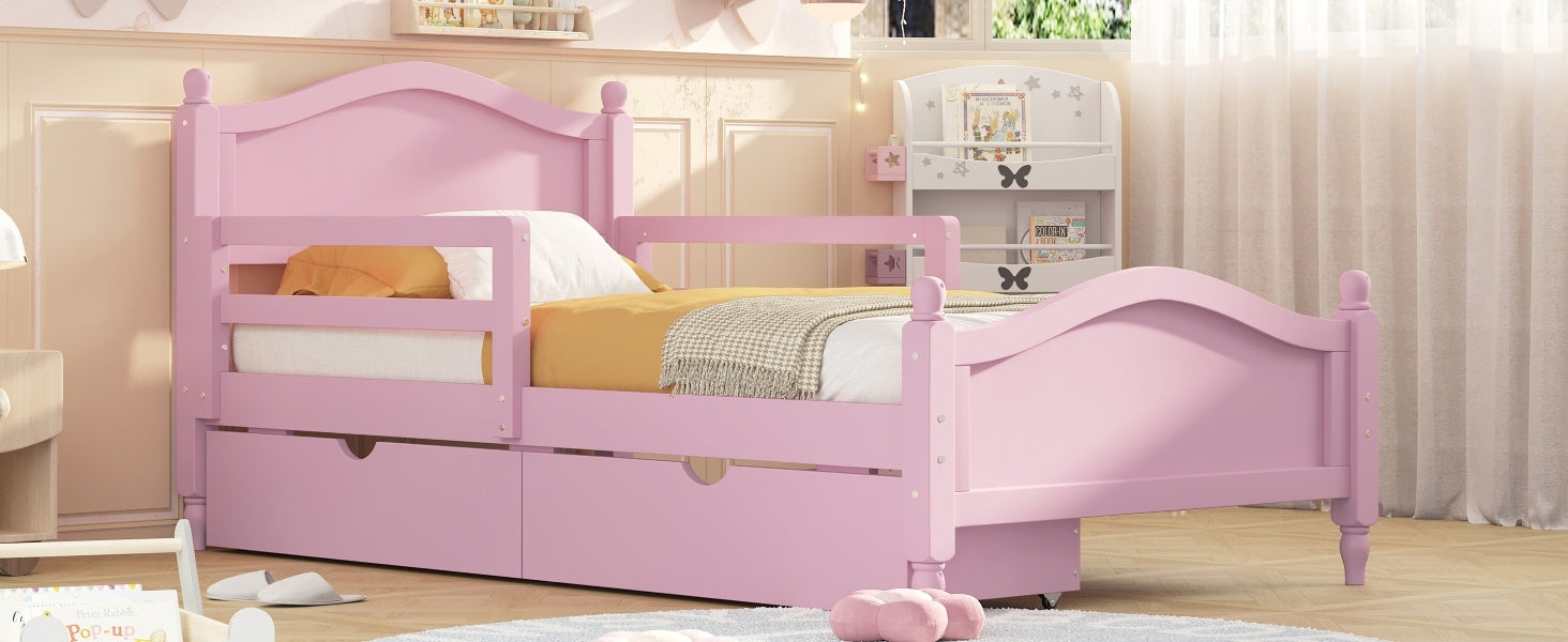 Twin Size Wood Platform Bed with Guardrails on Both Sides and Two Storage Drawers ,Pink