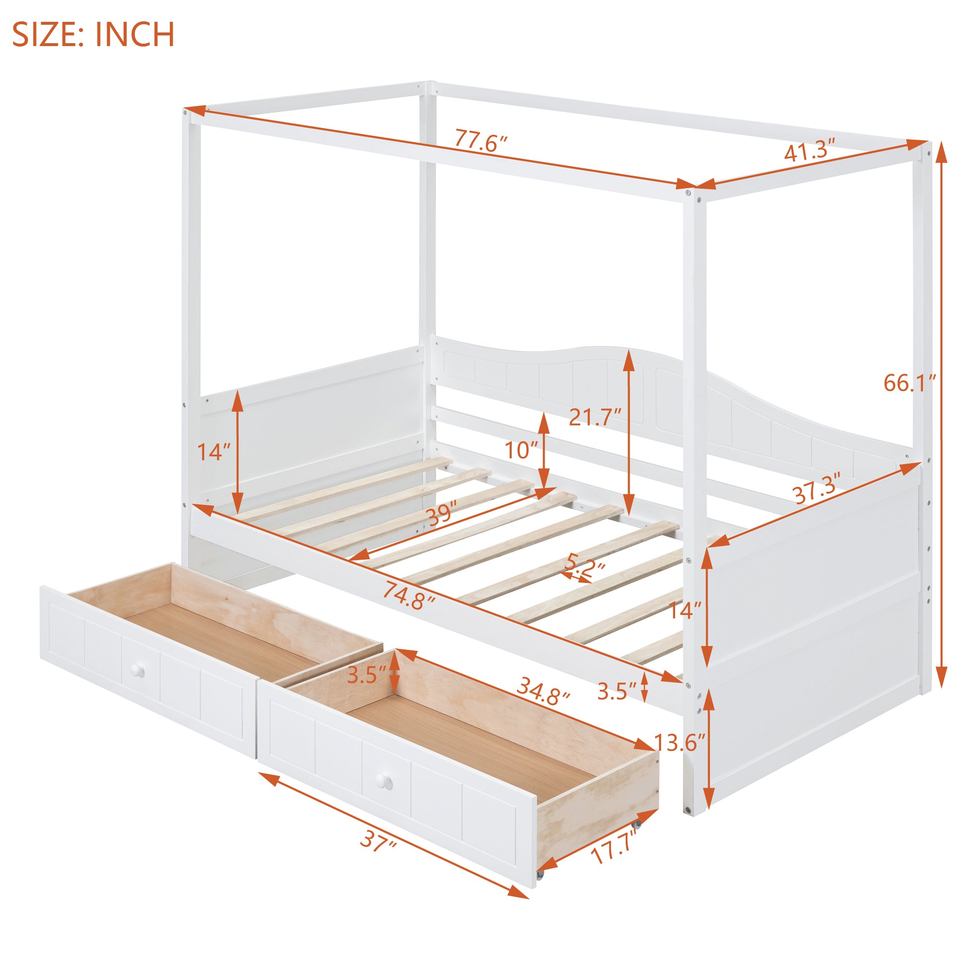 Twin Size Canopy Day Bed with 2 Drawers, White