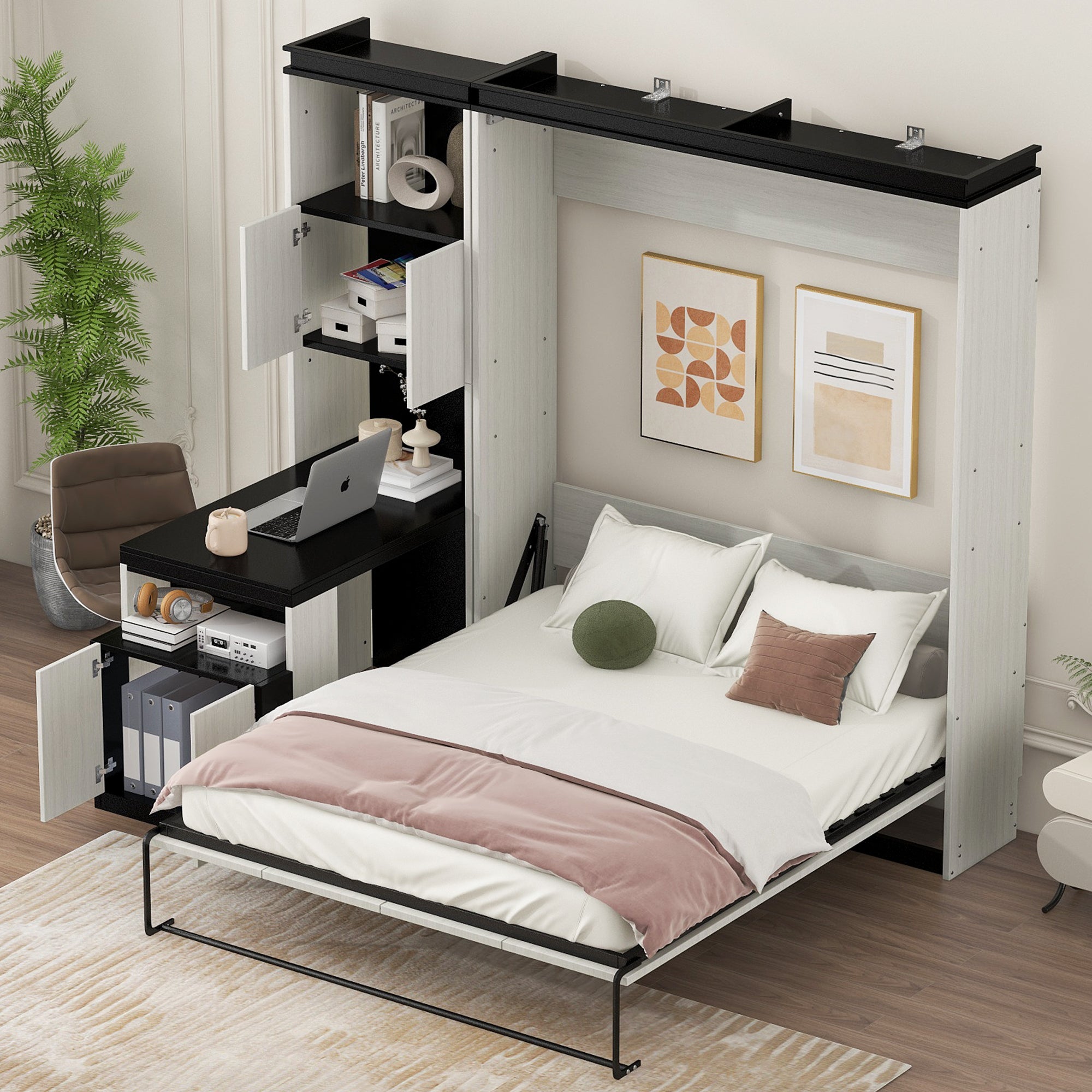 Full Size Murphy Bed with Desk and Storage Shelves and  Cabinets, Black+White