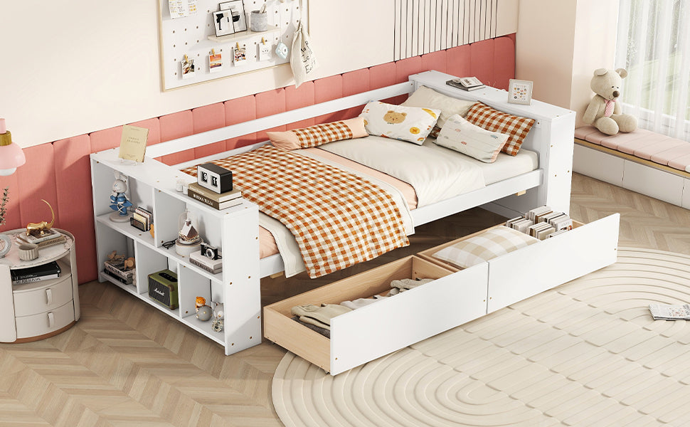 Twin Size Daybed with Shelves and Drawers, White