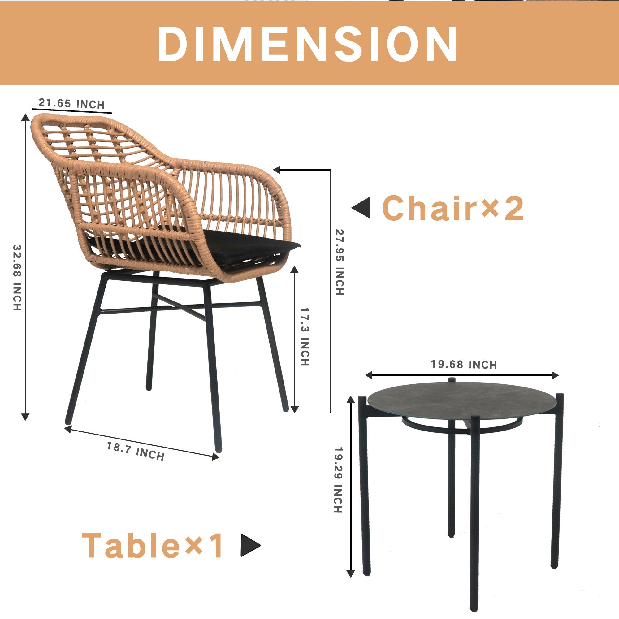 3 Pieces Of Luxury Outdoor Wicker Furniture - Patio Bistro Style Table And Chair Combination,Weather-resistant PE Wicker Weave, Stainless Steel Fame, Suitable For Garden, Terrace,Backyard Casua