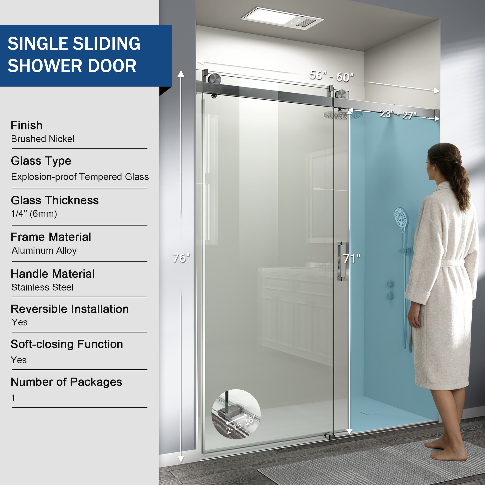 56-60 x 76 in Soft-Close Frameless Sliding Shower Door - 56-60 x 76 in / Brushed Nickel view 6