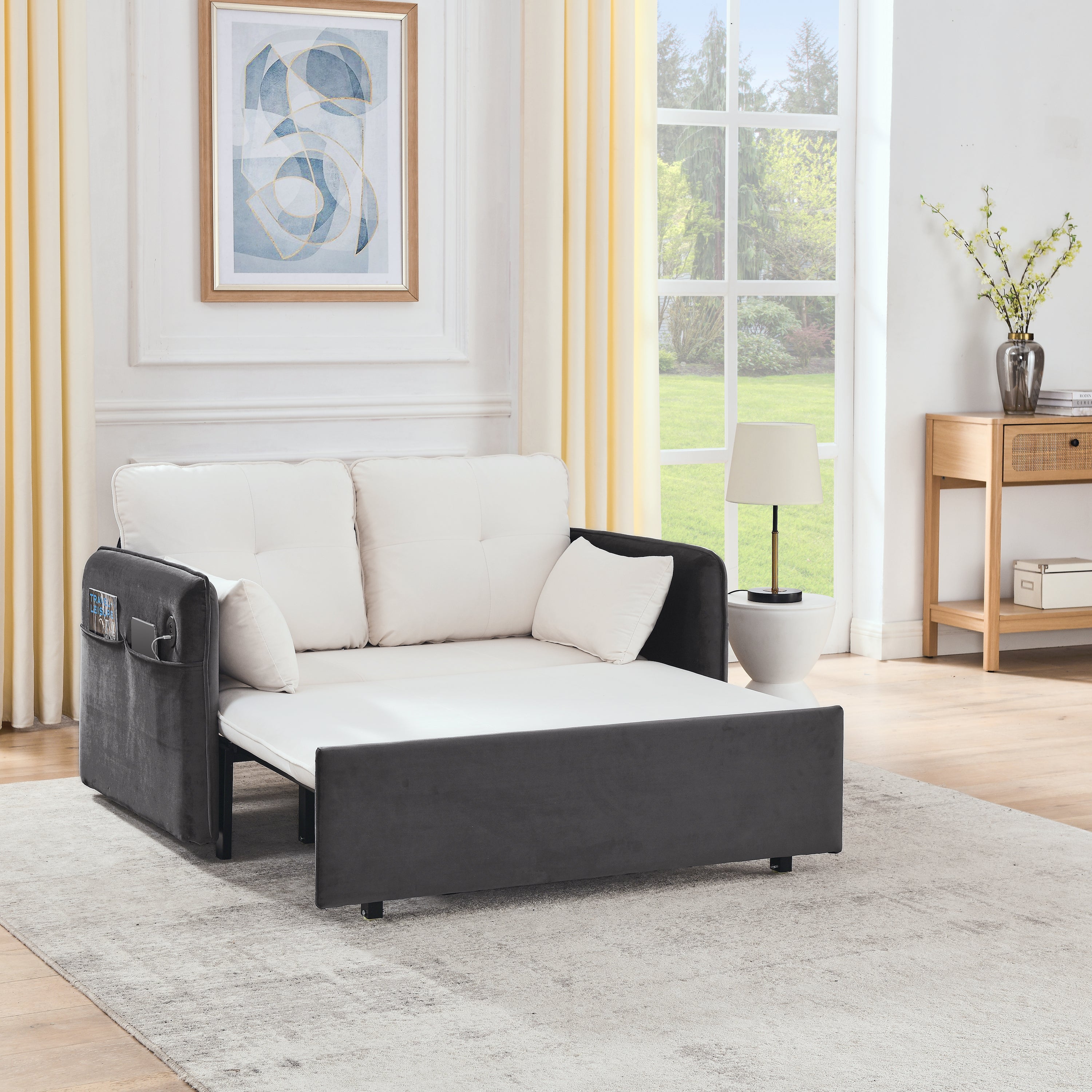 53" Modern Convertible Sofa Bed w/2 Removable Armrests w/USB Power Port, Velvet Recliner Adjustable Sofa w/Head Pull-Out Bed, 2 Pillows, For Living Room Apartment etc., White-Grey