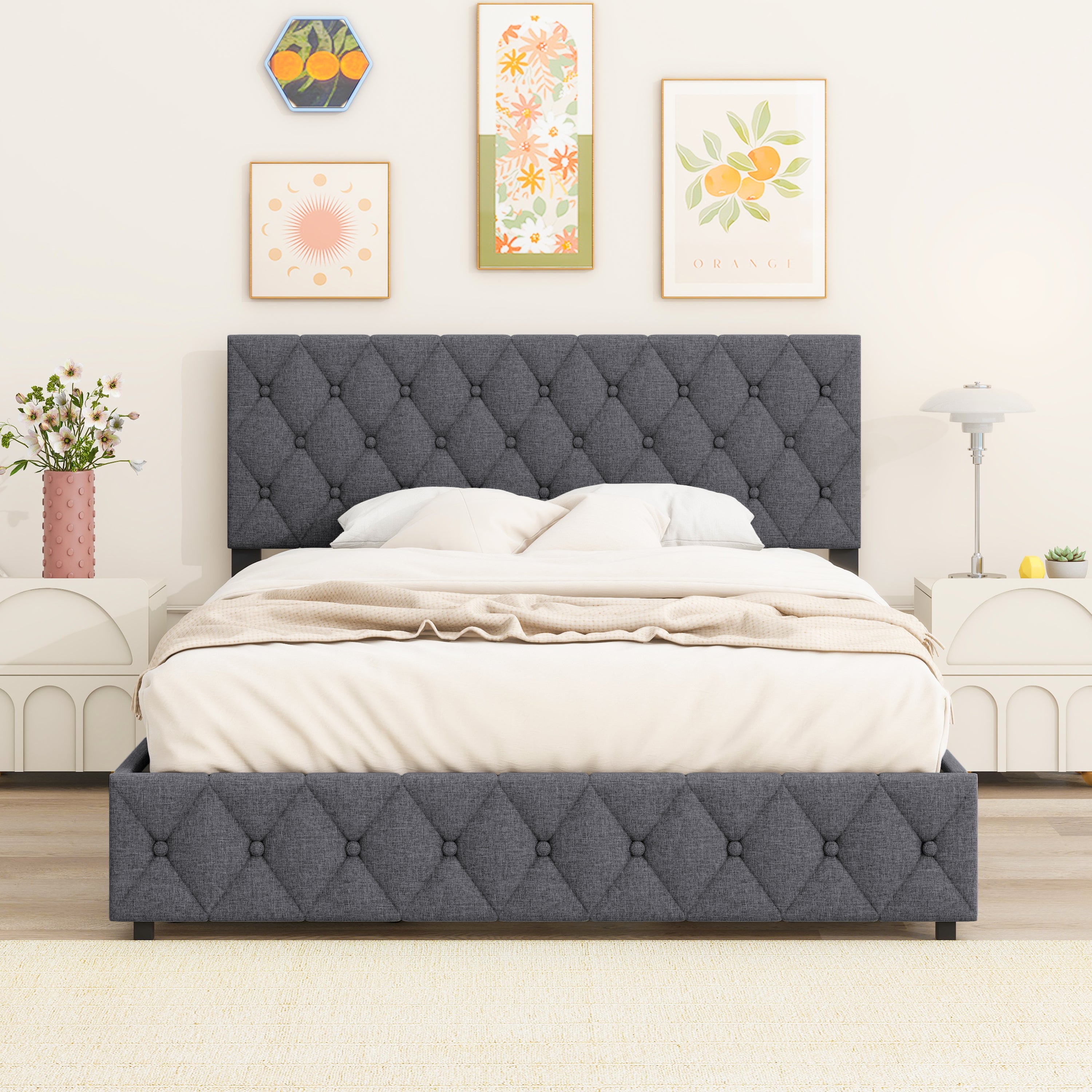 Queen Size Upholstered Platform Bed Frame with 4 Storage Drawers, Adjustable Linen Headboard, Wooden Slats Support, No Box Spring Needed, Easy Assembly,Grey