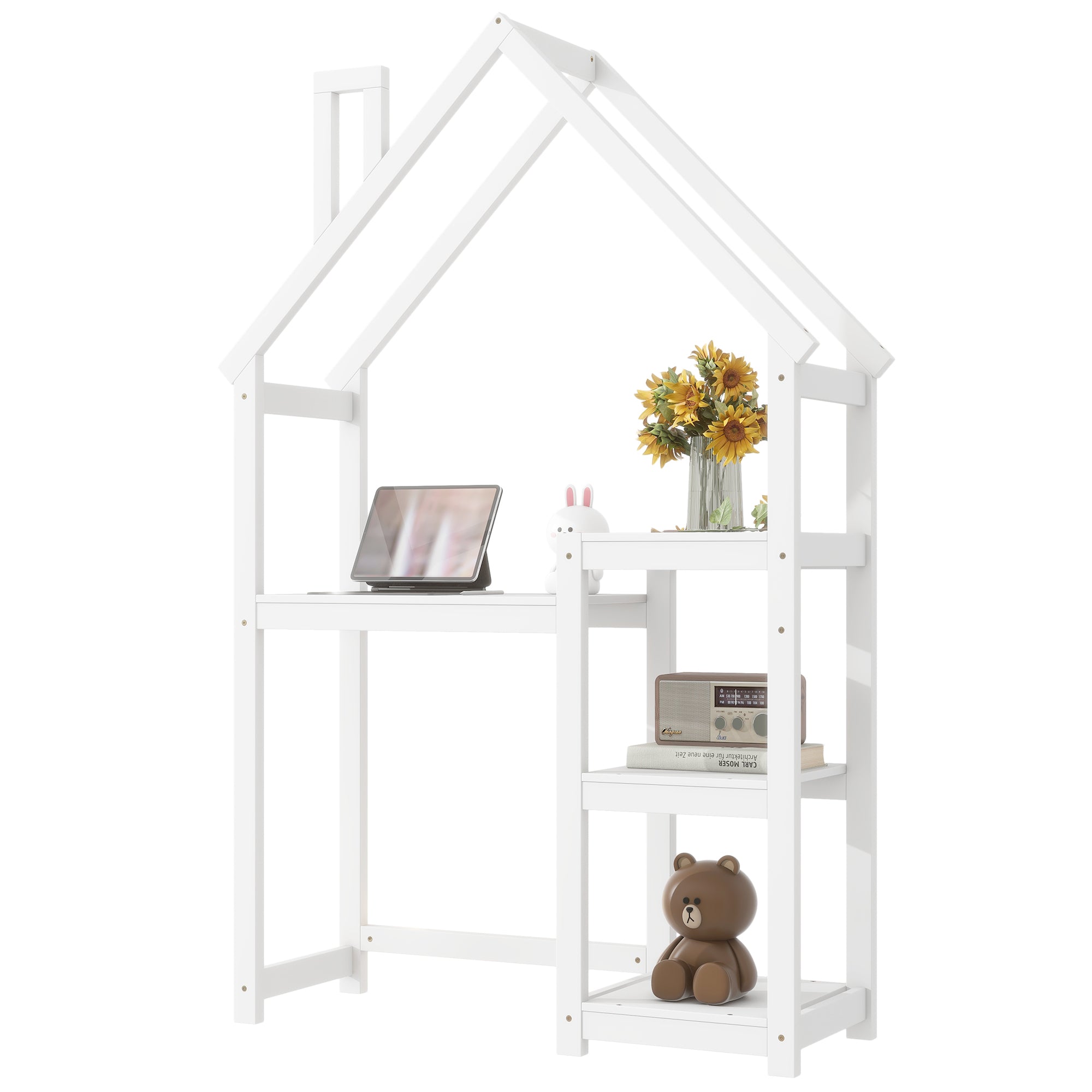 House-shaped Wooden writing Desk,Kids study Table,Bookshelf & Toy Storage,White