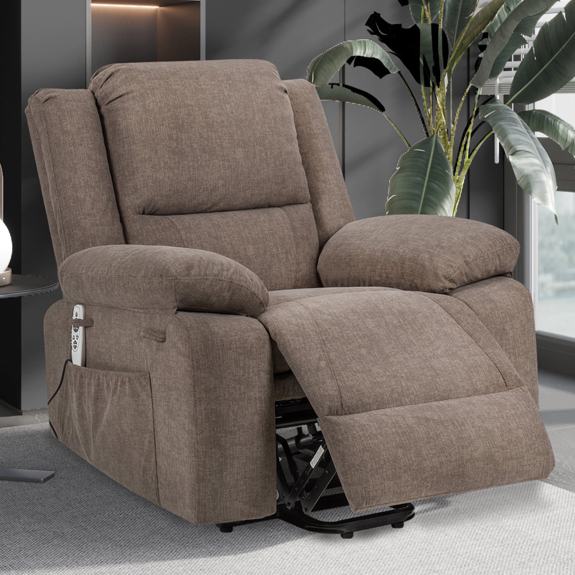 Electric Power Recliner Chair With Massage For Elderly ,Remote Control Multi-function Lifting, Timing, Cushion Heating Chair With Side Pocket Brown