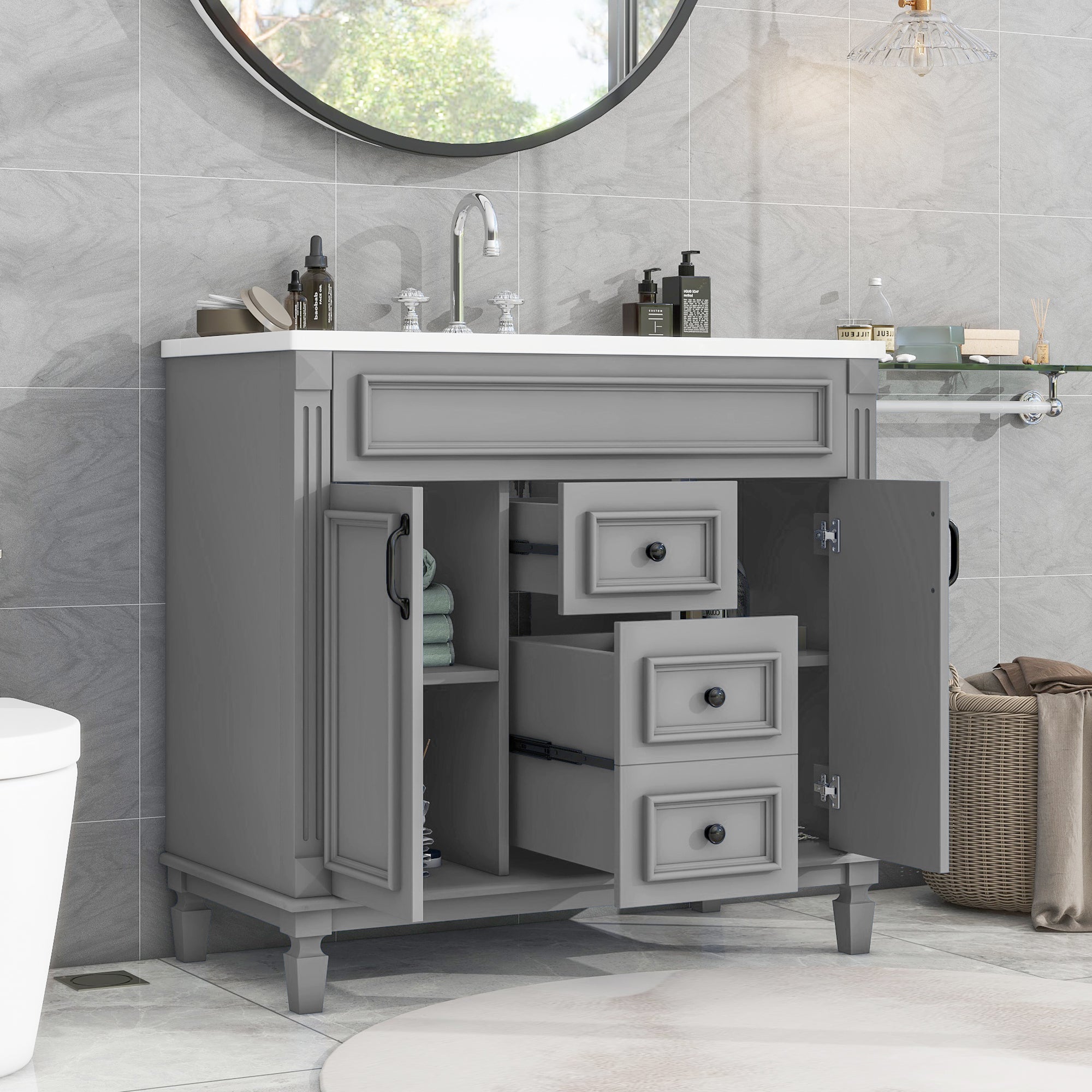 Bathroom vanity with 2 soft closing doors open, storage view