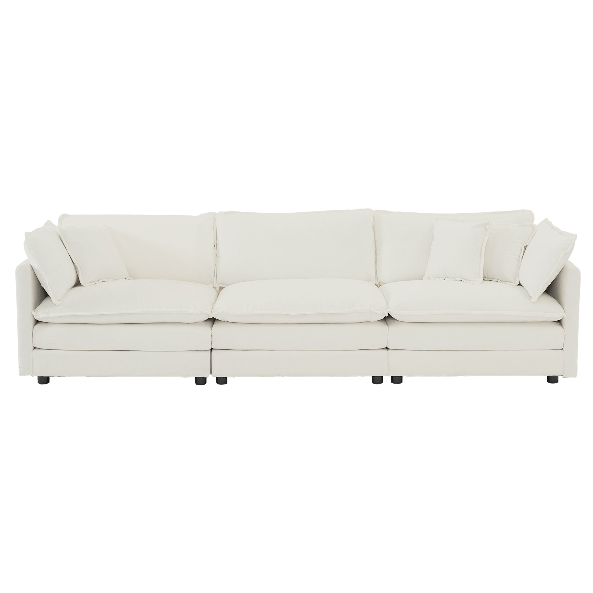 Mid-Century Modern Couch 3-Seater Sofa with 2 Armrest Pillows and 3 Toss Pillows, Couch for Living Room White Chenille