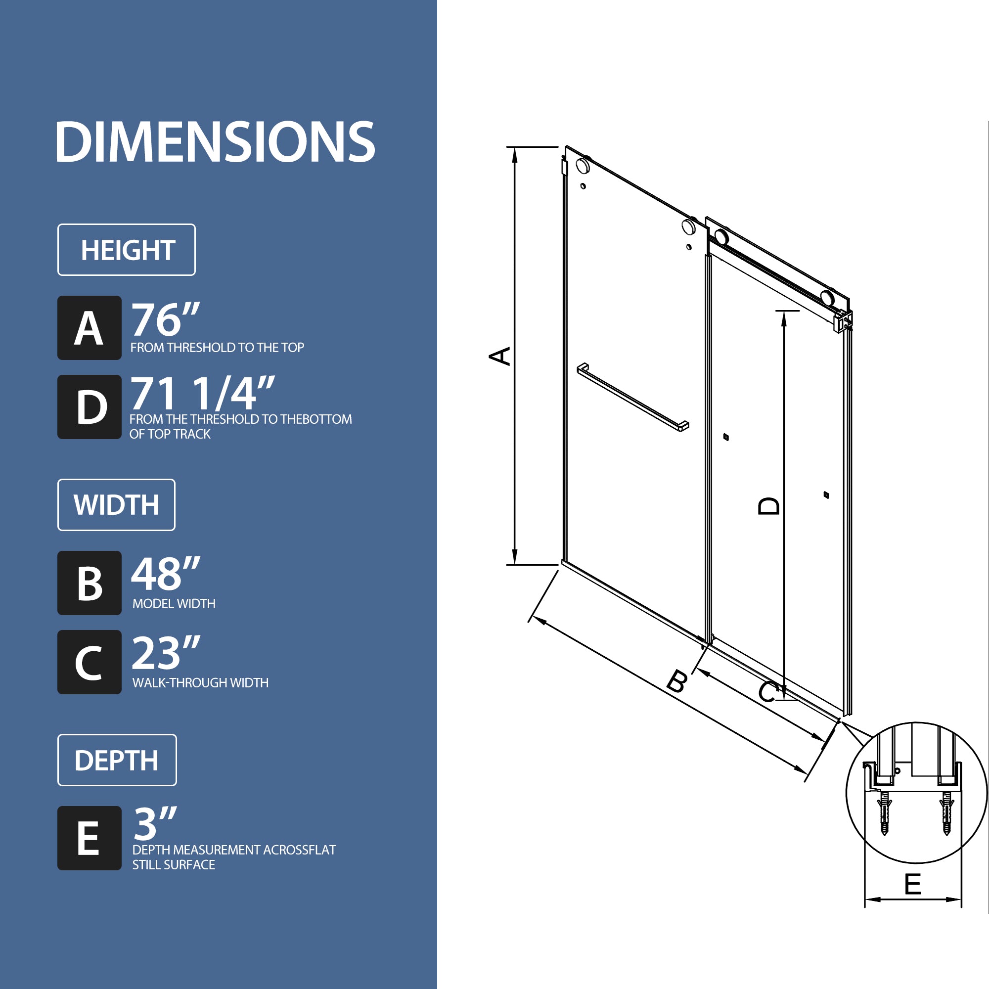 44-48 x 76 in Frameless Double Sliding Shower Door - Matte Black view 3