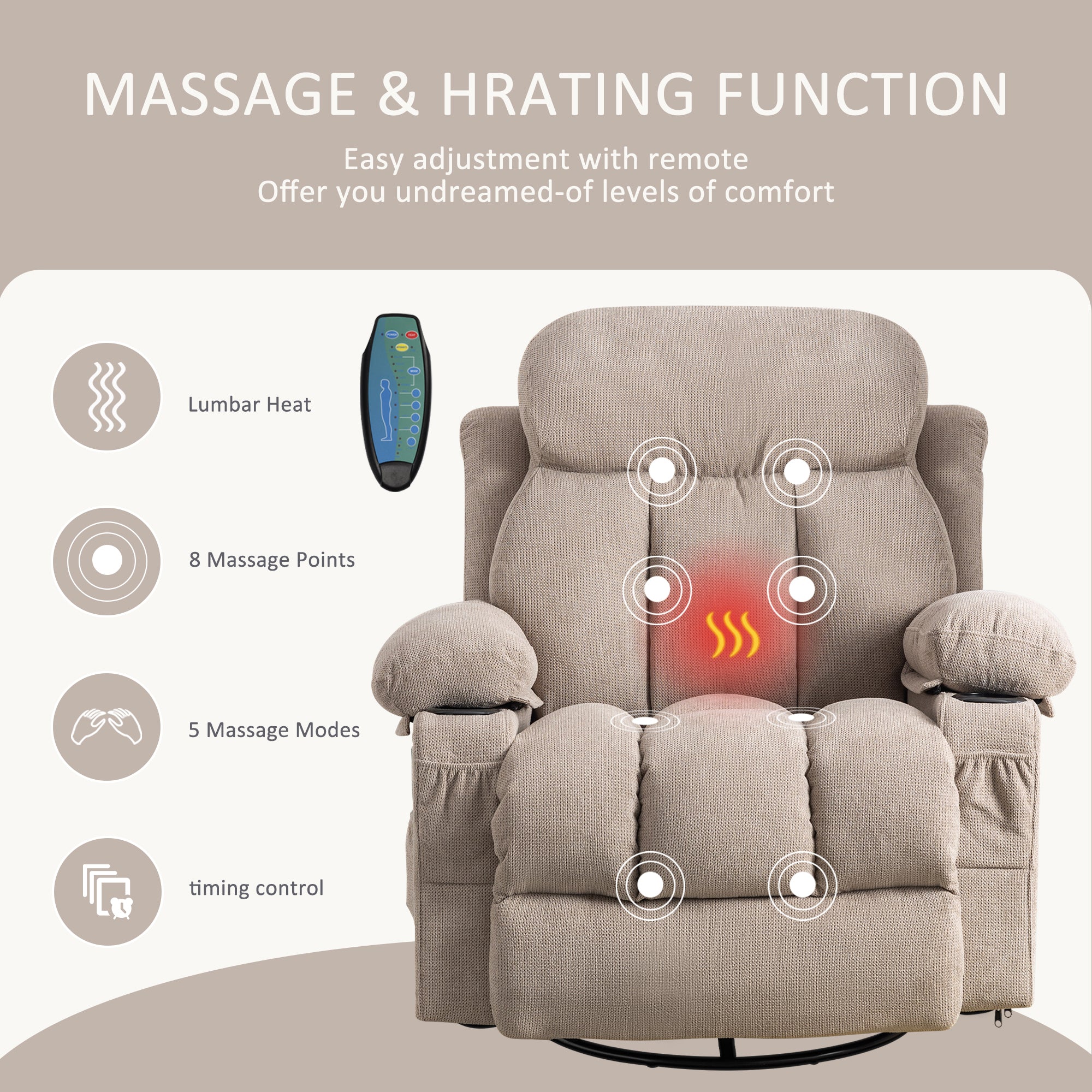 Vanbow.Swinging recliner massage heated sofa, with USB and 2 cup holders in side pockets, PackageA and B (Beige  fabric)