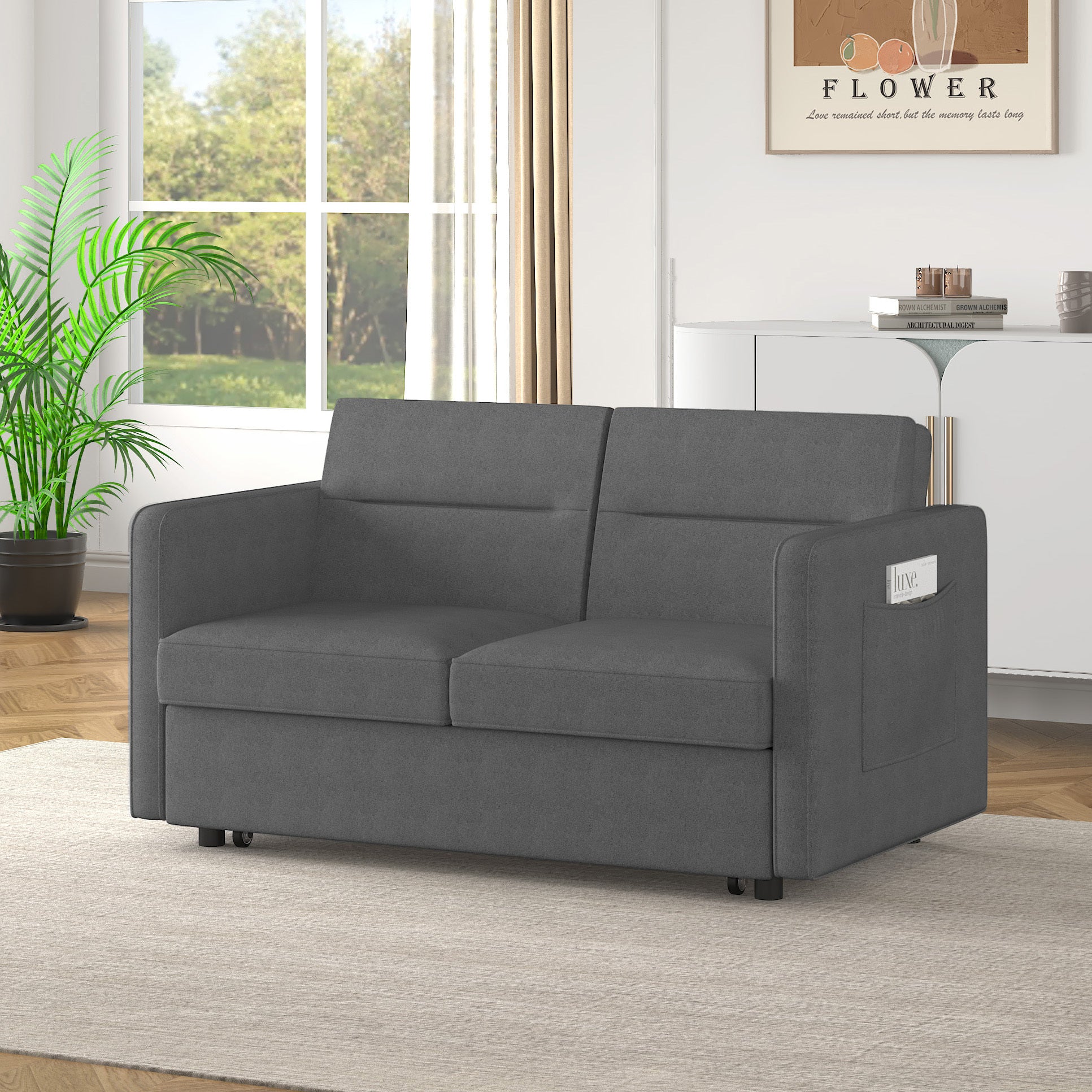 Loveseats Sofa Bed with Pull-out Bed,Adjsutable Back and Two Arm Pocket-Dark grey(54.5"x33"x31.5")