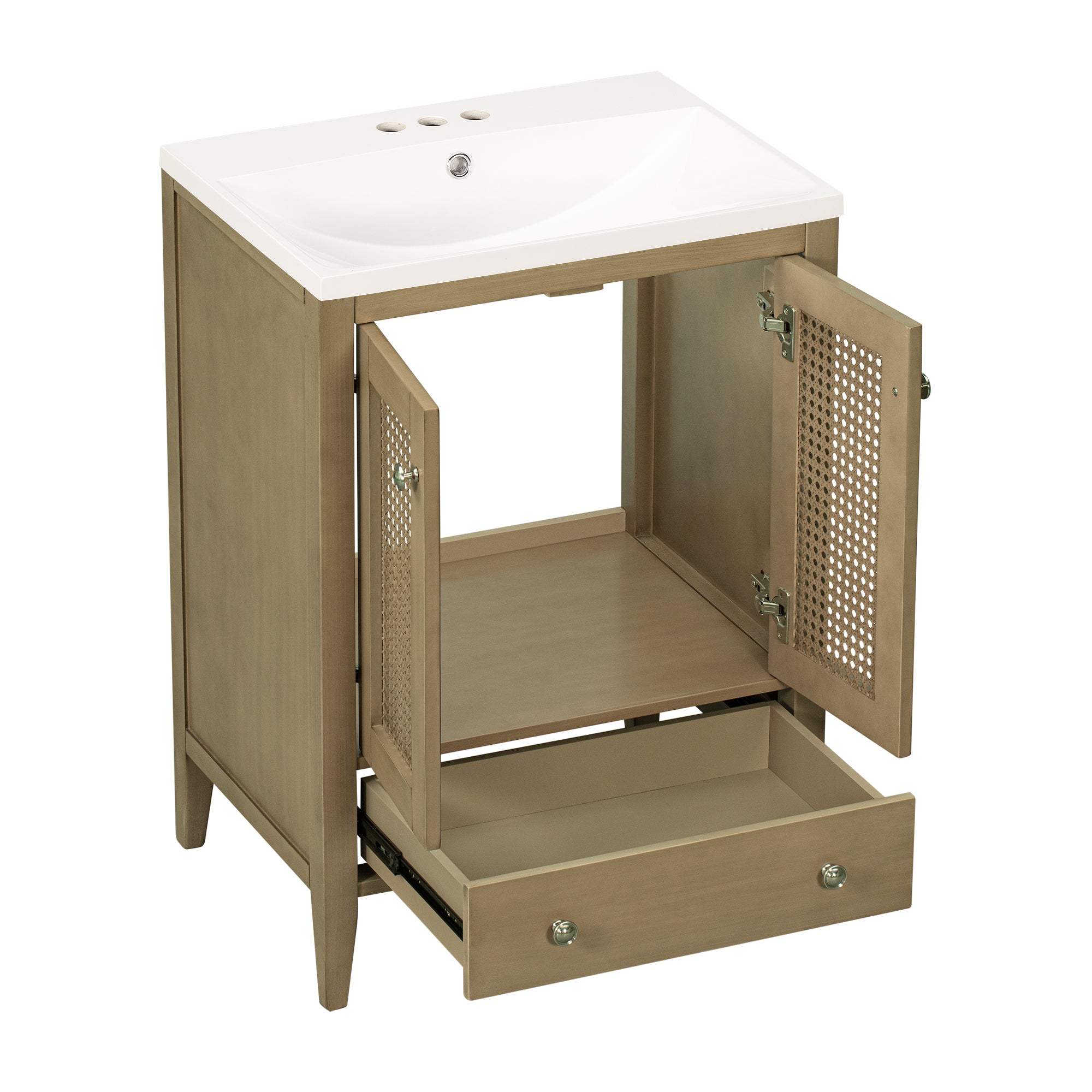 24" Bathroom Vanity with Ceramic Basin, Rattan Bathroom Storage Cabinet with Two Doors and Drawer, Solid Frame, Natural (OLD SKU: JL000008AAD)