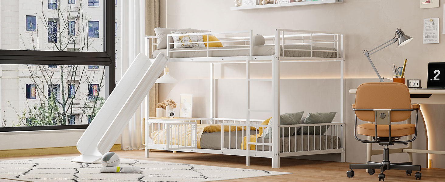 Twin over Twin Size Metal Bunk Bed with Slide and Guardrails, White