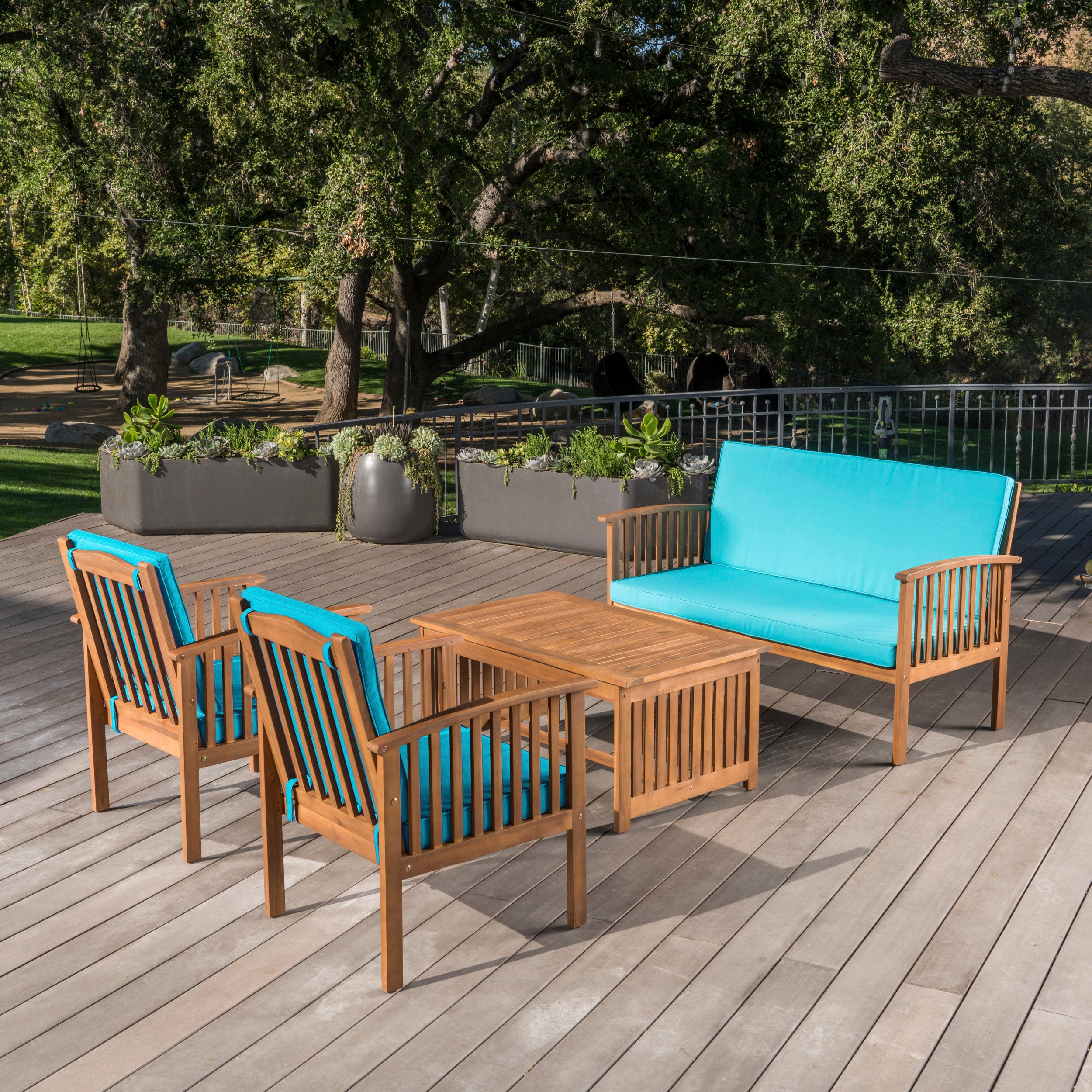 Outdoor Acacia Wood Sofa Set with Water Resistant Cushions, 4-Pcs Set, Brown Patina / Teal