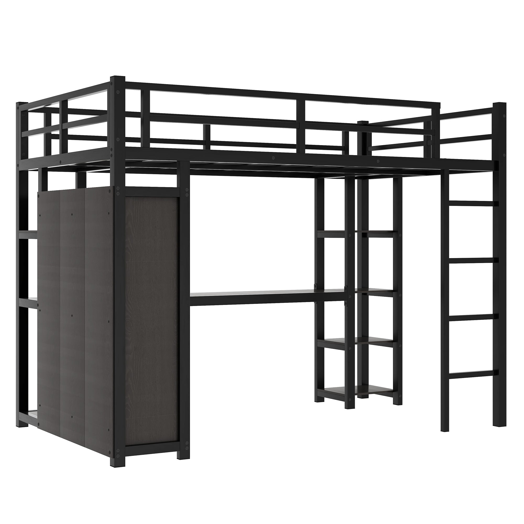 Metal Full Size Loft Bed with Desk,Shelves,Wardrobe, Black