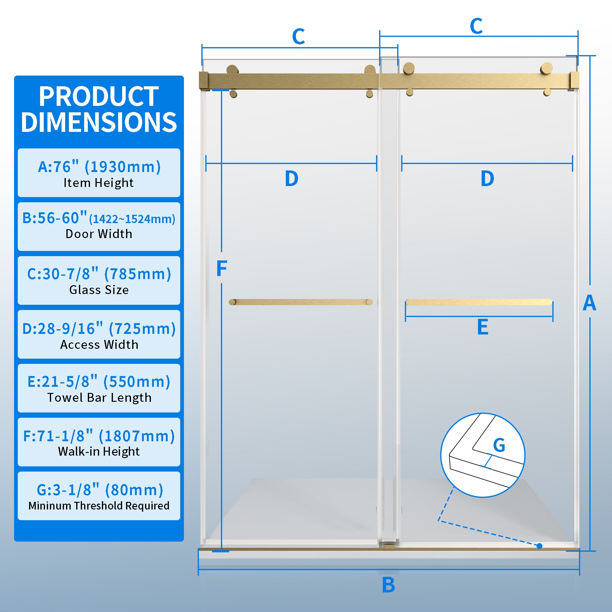 56-60"W × 76"H Double Sliding Frameless Shower Door With 3/8 inches (10mm) Clear Tempered Glass, Brushed Gold Finish