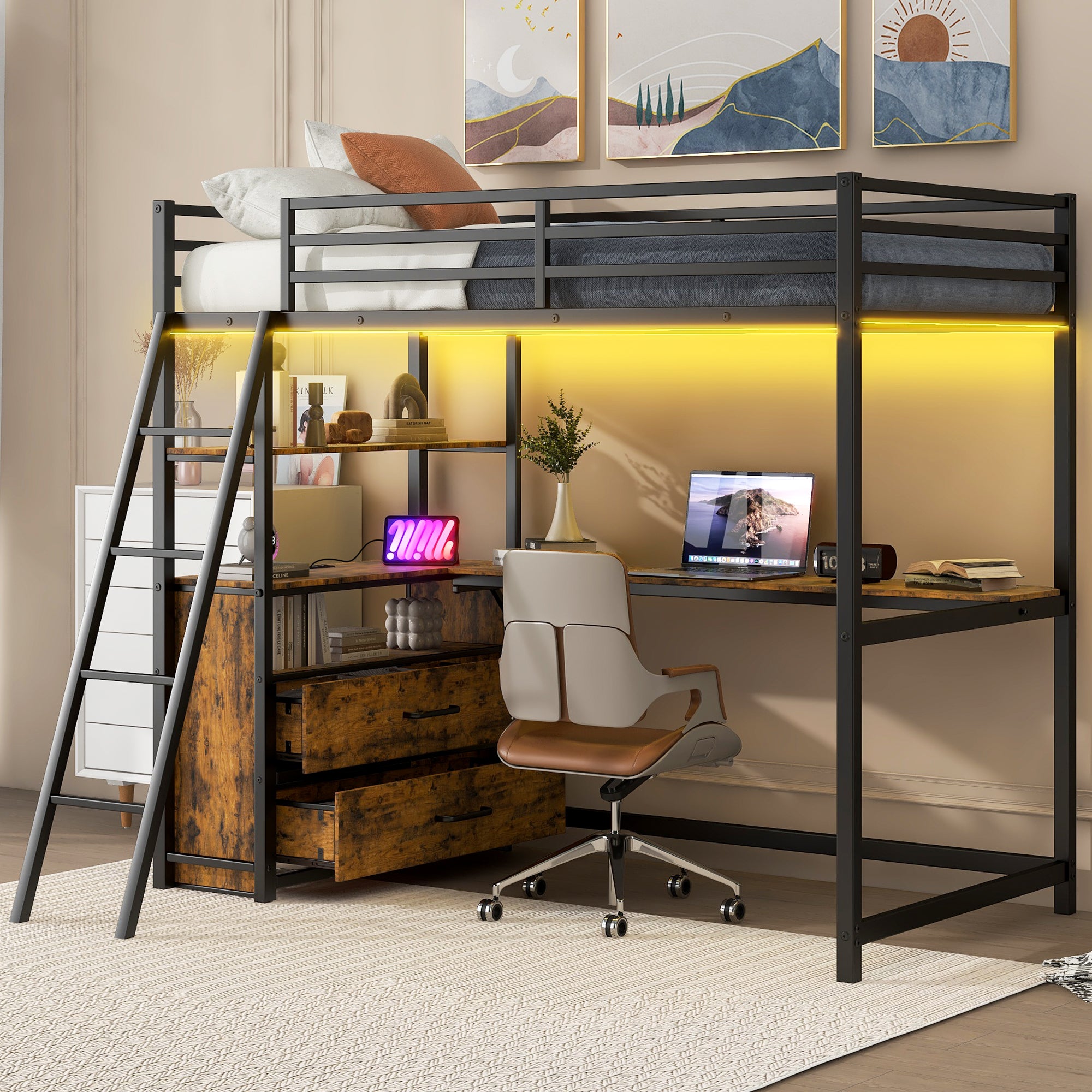 Twin Size Metal&Wood Loft Bed with Desk and Shelves, Two Built-in Drawers, LED Light and USB Charging Station, Black