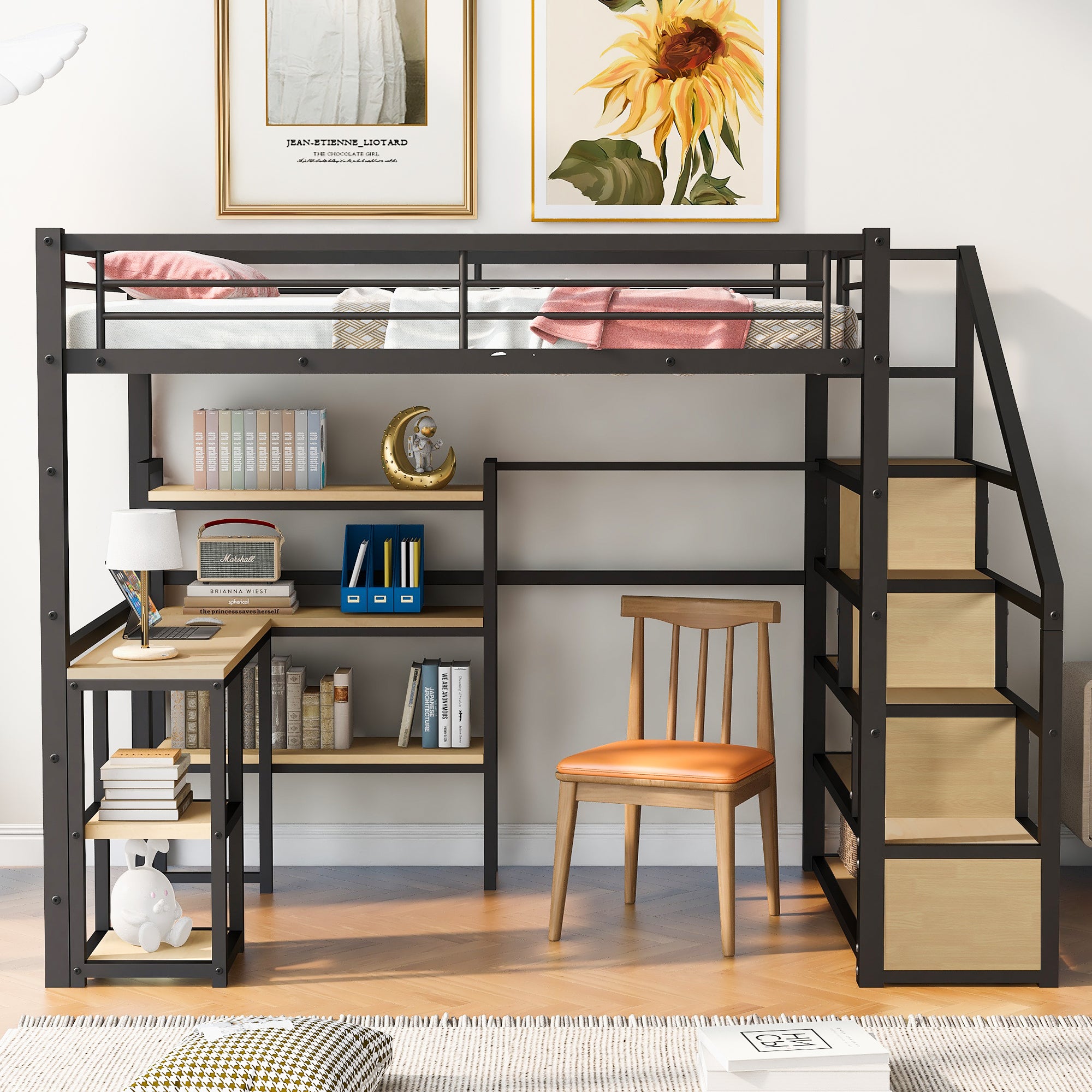 Full Size Metal Loft bed with Staircase, Built-in Desk and Shelves, Black