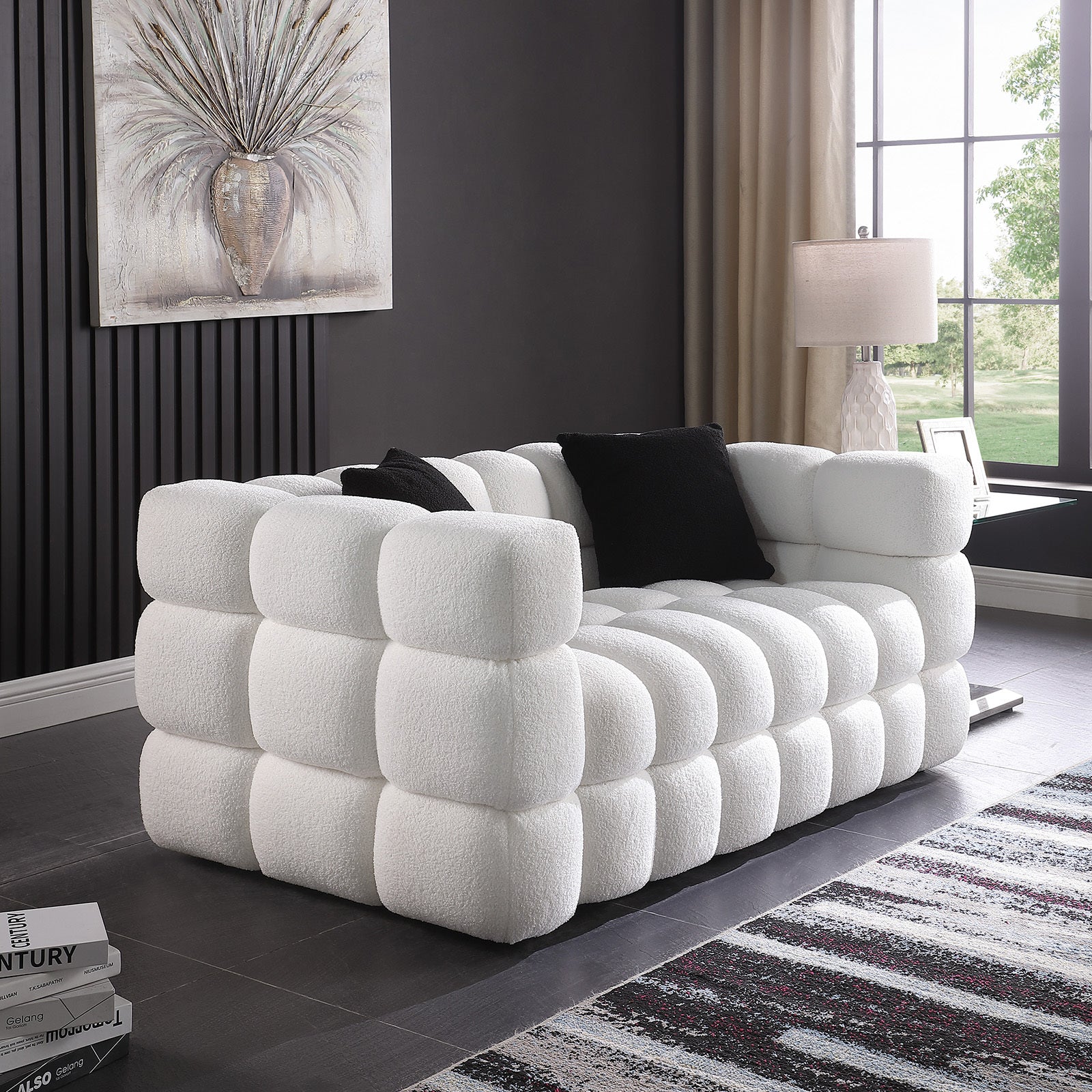 62.2length ,35.83" deepth ,human body structure for USA people,  marshmallow sofa,boucle sofa ,White color, 2  seater