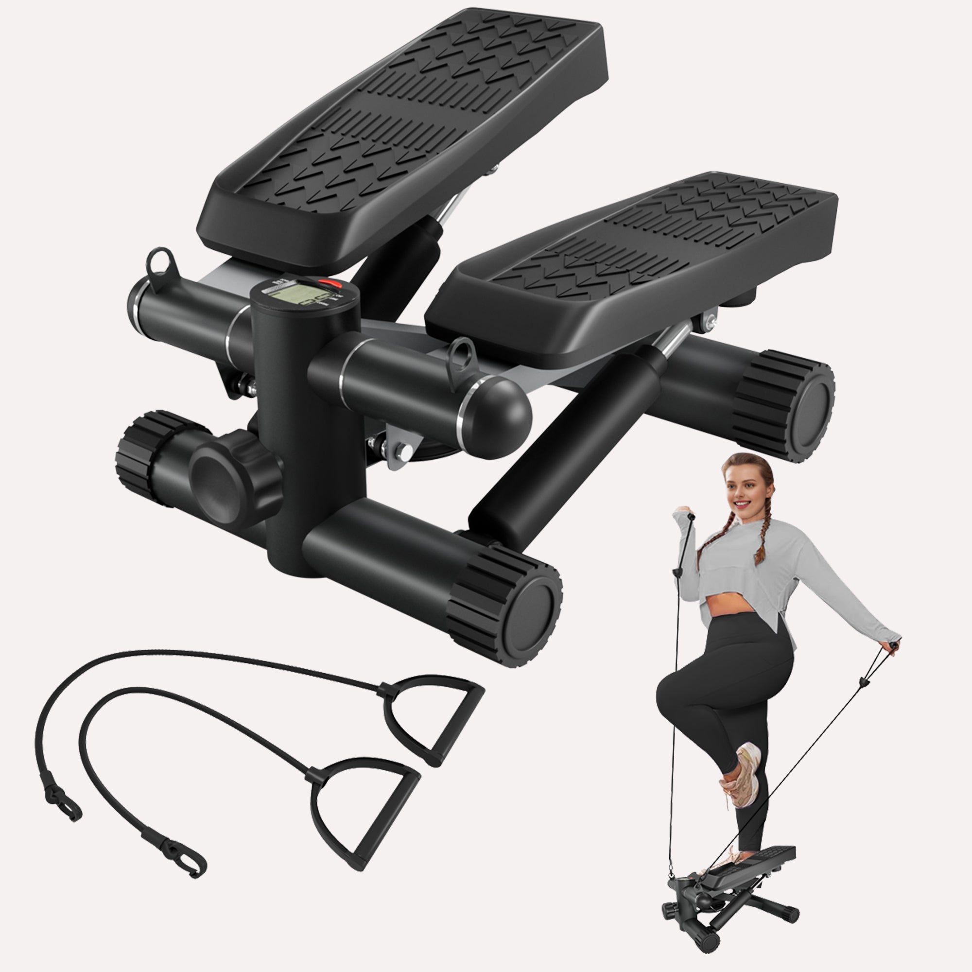 Steppers for Exercise, Stair Stepper with Resistance Bands, Mini Stepper with 330LBS Loading Capacity, Hydraulic Fitness Stepper with LCD Monitor, No Assembly Required