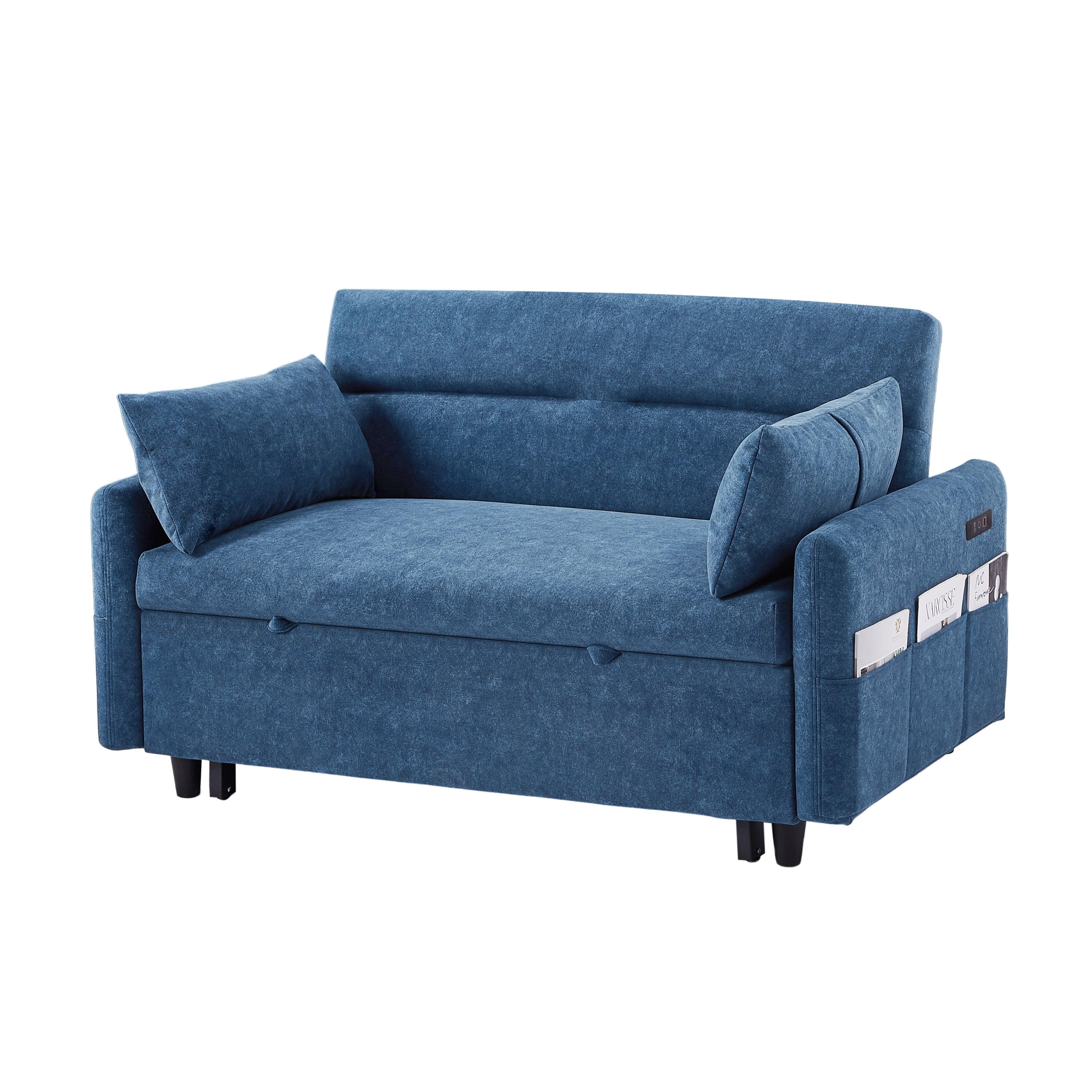 55.1" Pull Out Sleep Sofa Bed Loveseats Sofa Couch with Adjsutable Backrest, Storage Pockets, 2 Soft Pillows, USB Ports for Living Room, Bedroom, Apartment, Office, Blue (Old SKU WF307821AAC)